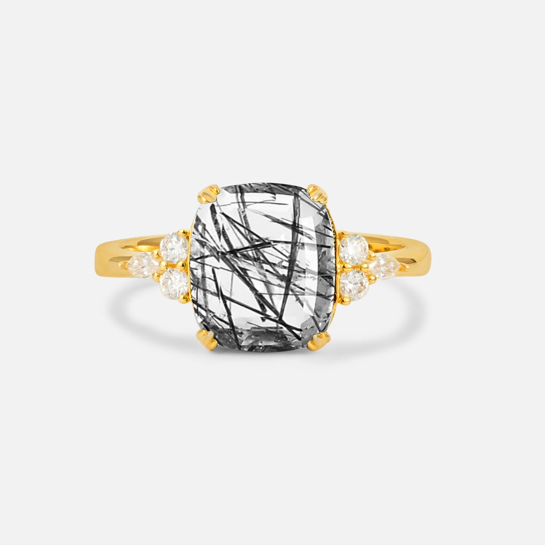 Cushion Cut Black Rutilated Quartz Engagement Ring with Side Stones - Additional view