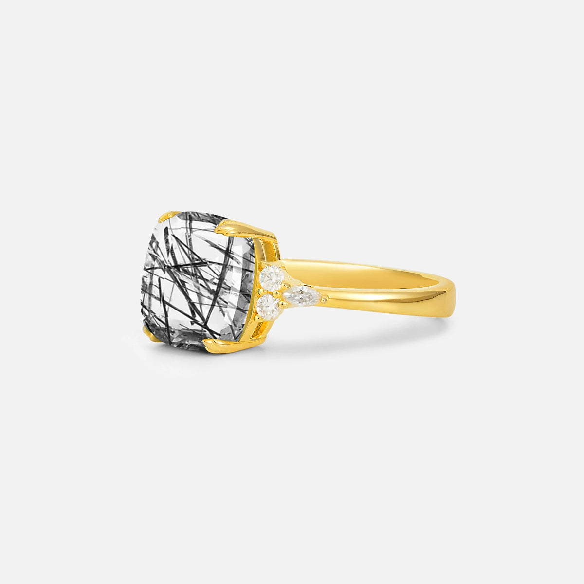 Cushion Cut Black Rutilated Quartz Engagement Ring with Side Stones - Additional view