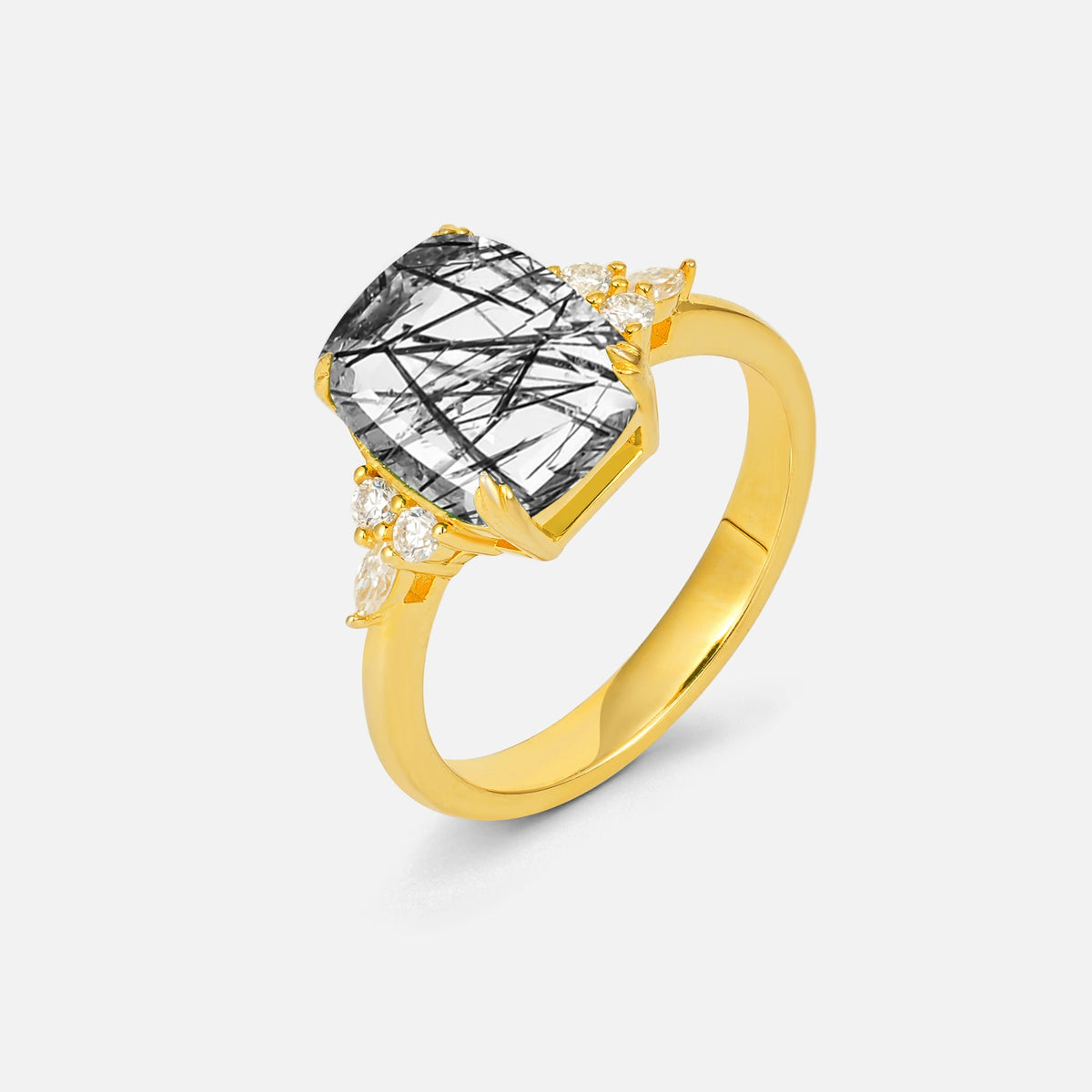 Cushion Cut Black Rutilated Quartz Engagement Ring with Side Stones - Additional view