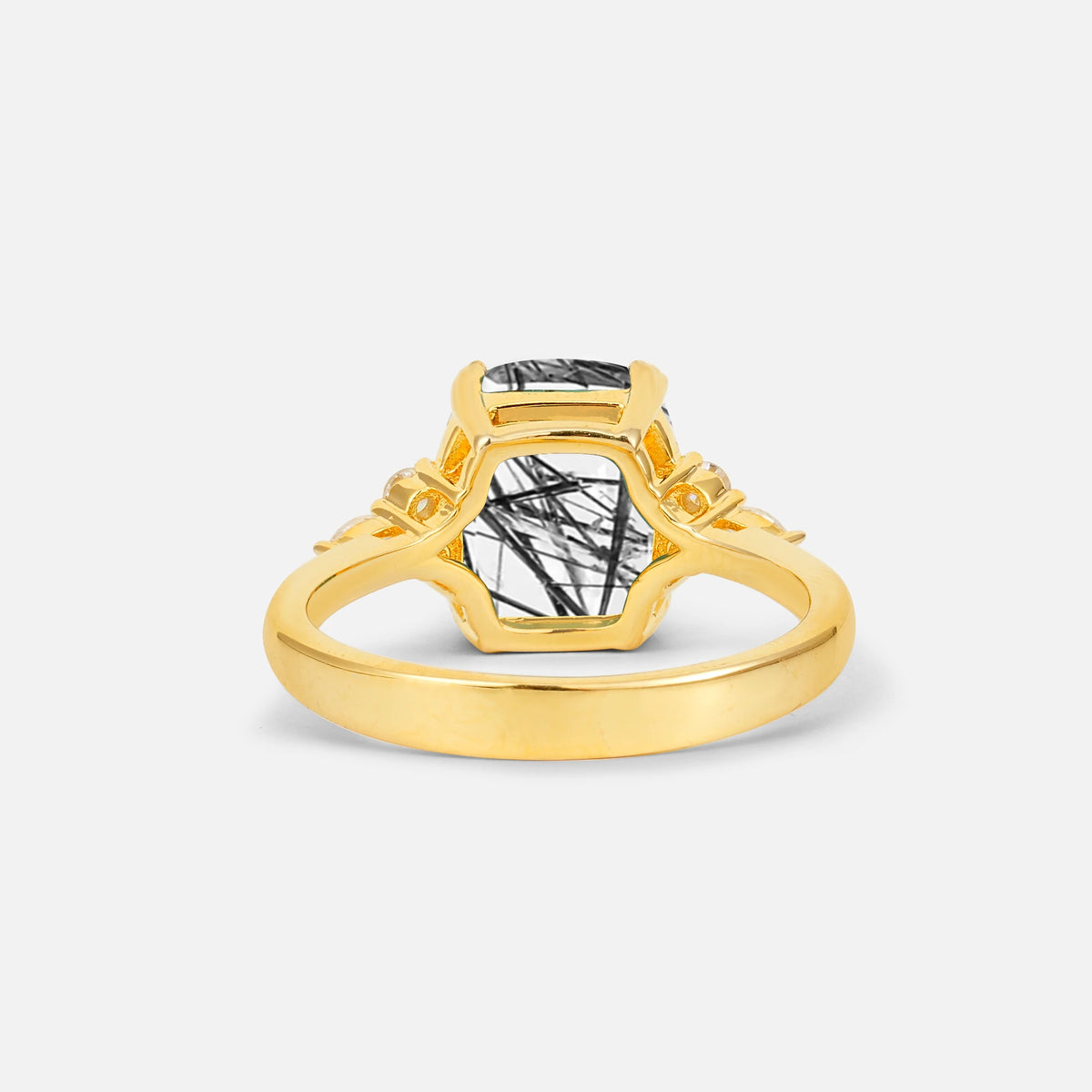 Cushion Cut Black Rutilated Quartz Engagement Ring with Side Stones - Additional view