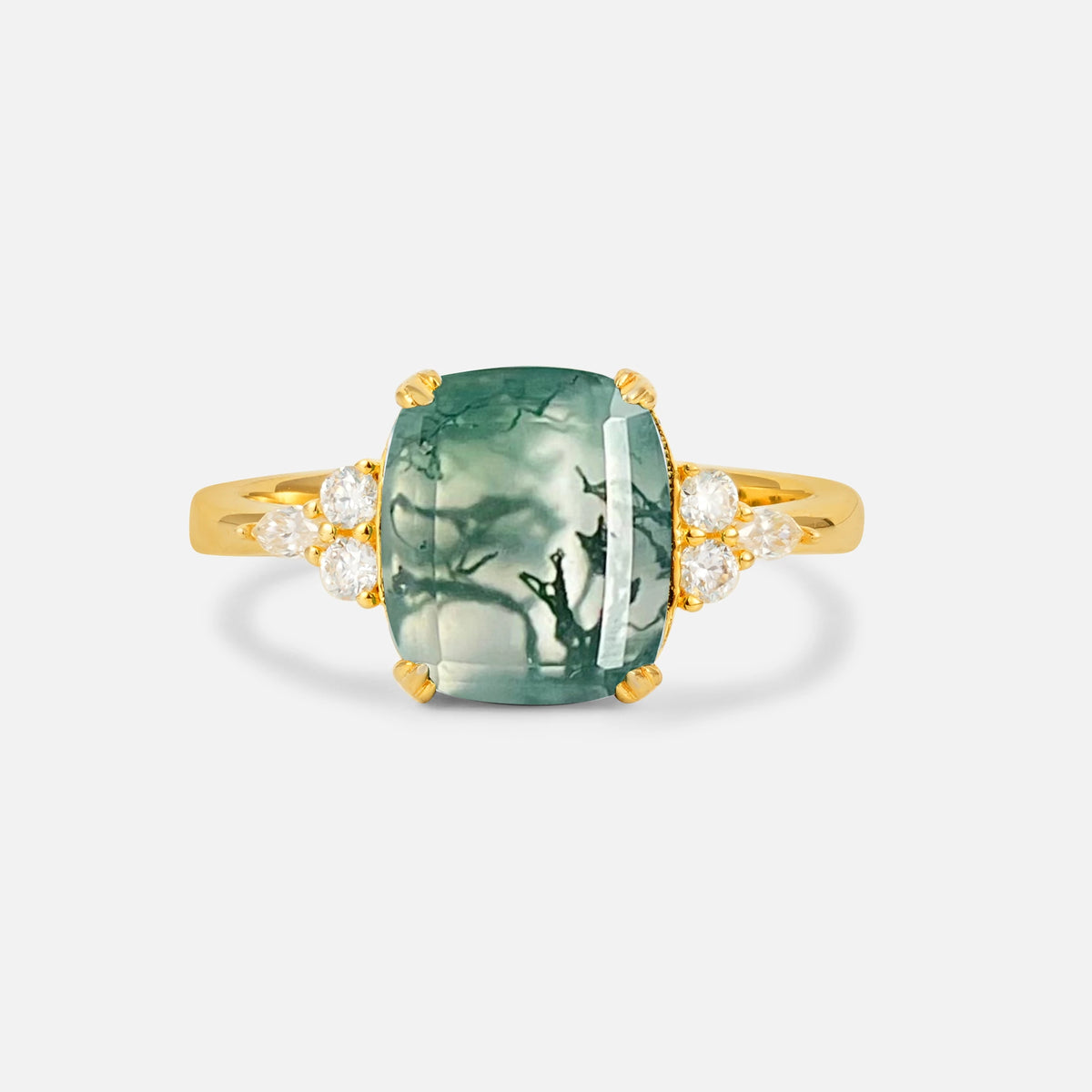 Cushion Cut Moss Agate Engagement Ring with Side Stones - Additional view