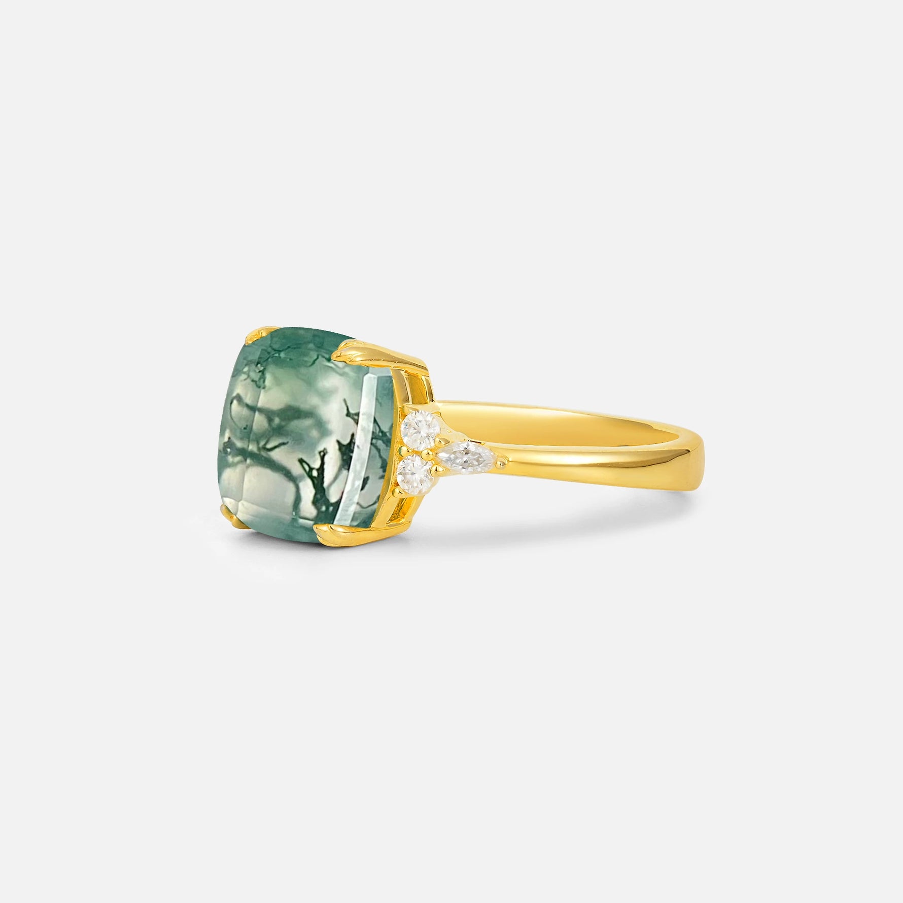 Cushion Cut Moss Agate Engagement Ring with Side Stones - Additional view