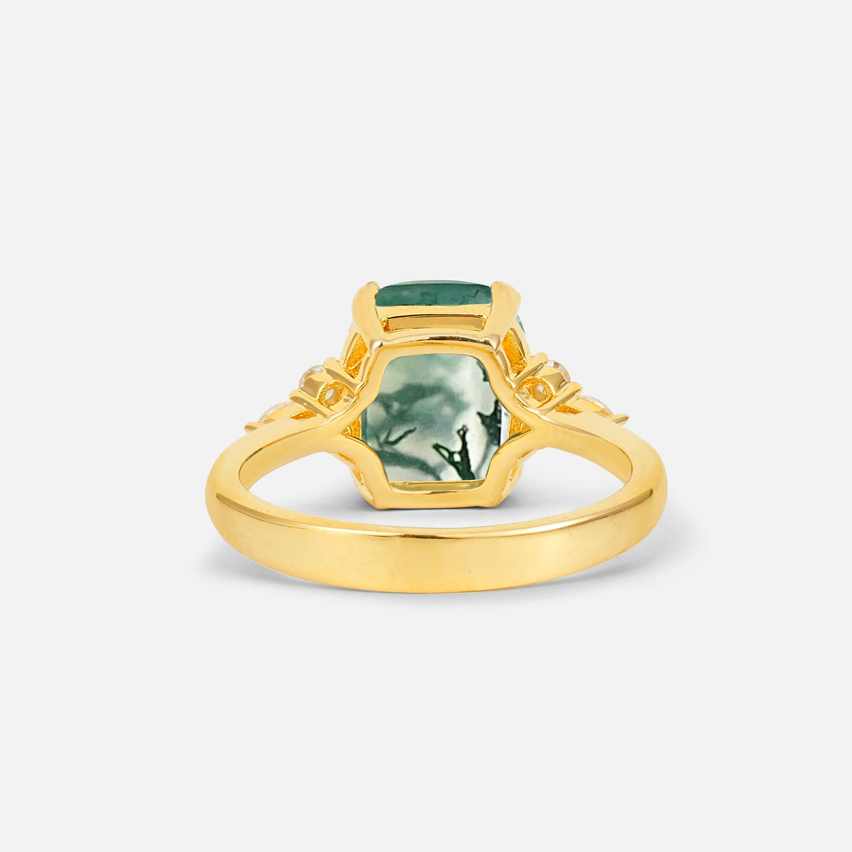 Cushion Cut Moss Agate Engagement Ring with Side Stones - Additional view