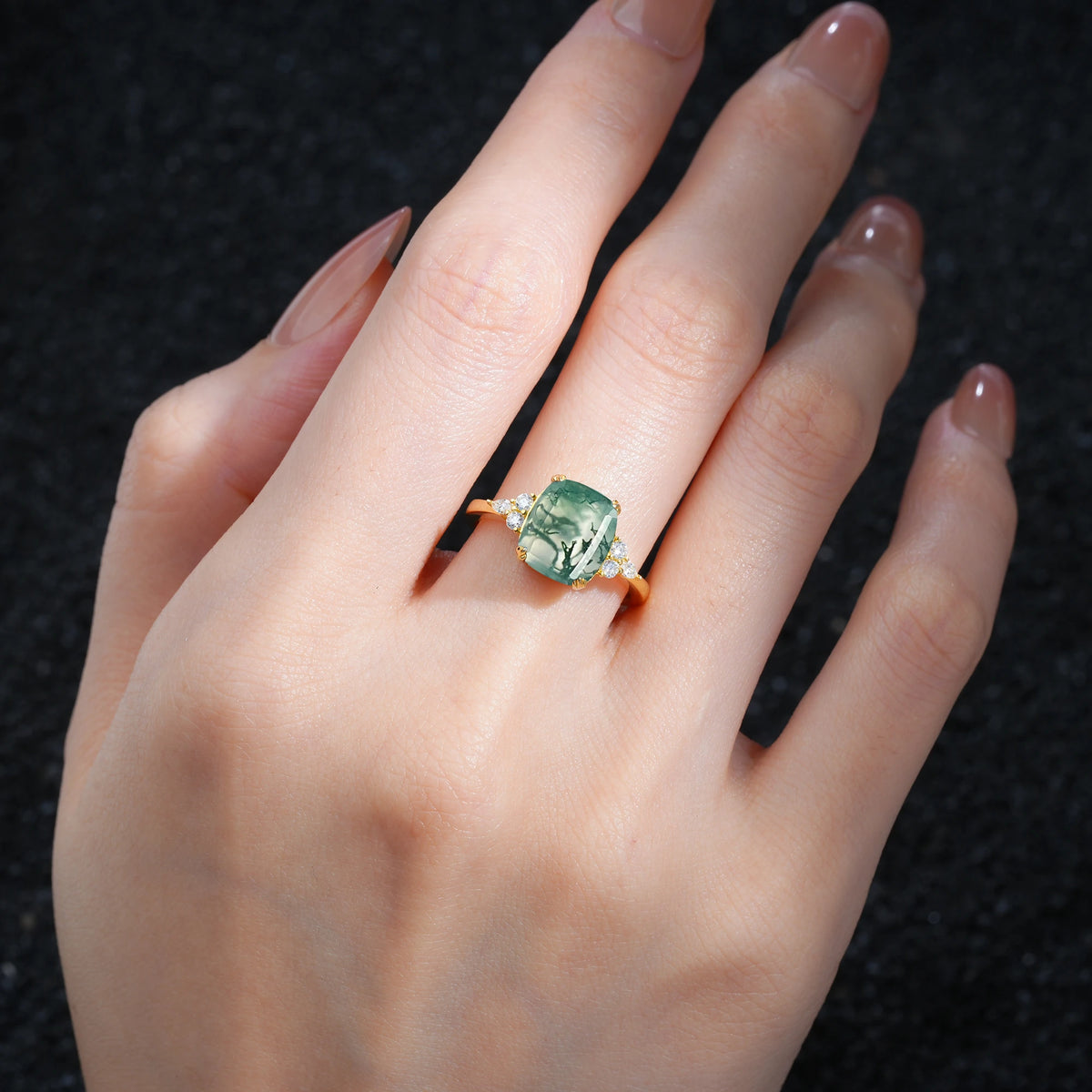 Cushion Cut Moss Agate Engagement Ring with Side Stones - Additional view