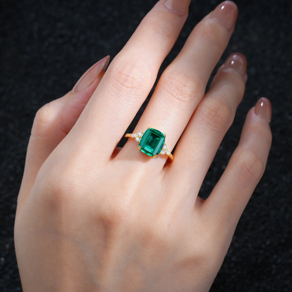 Cushion Cut Emerald Engagement Ring with Side Stones - Additional view