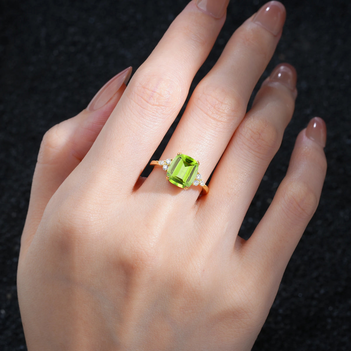 Cushion Cut Peridot Engagement Ring with Side Stones - Additional view