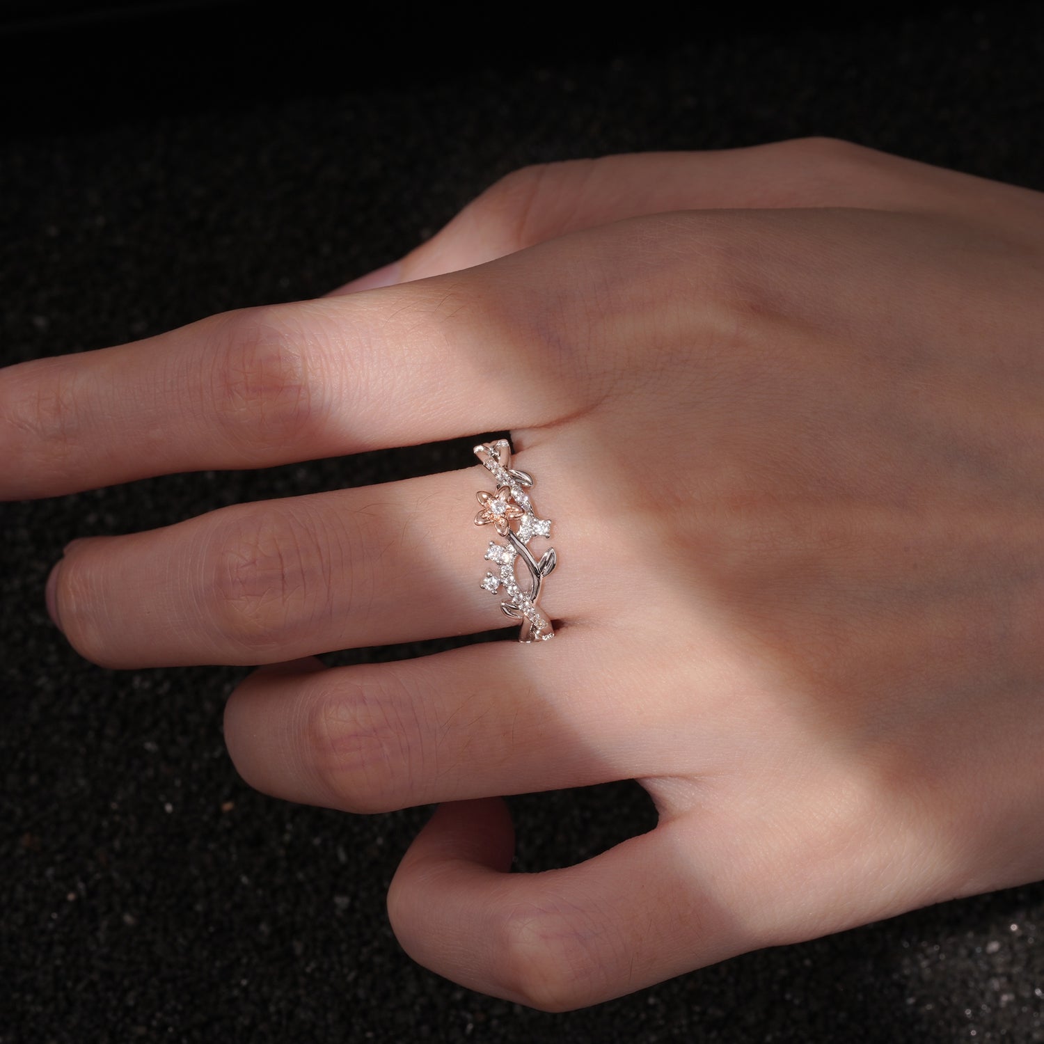 Delicate Two Tone Floral Twisted Vine Moissanite Wedding Band - Additional view