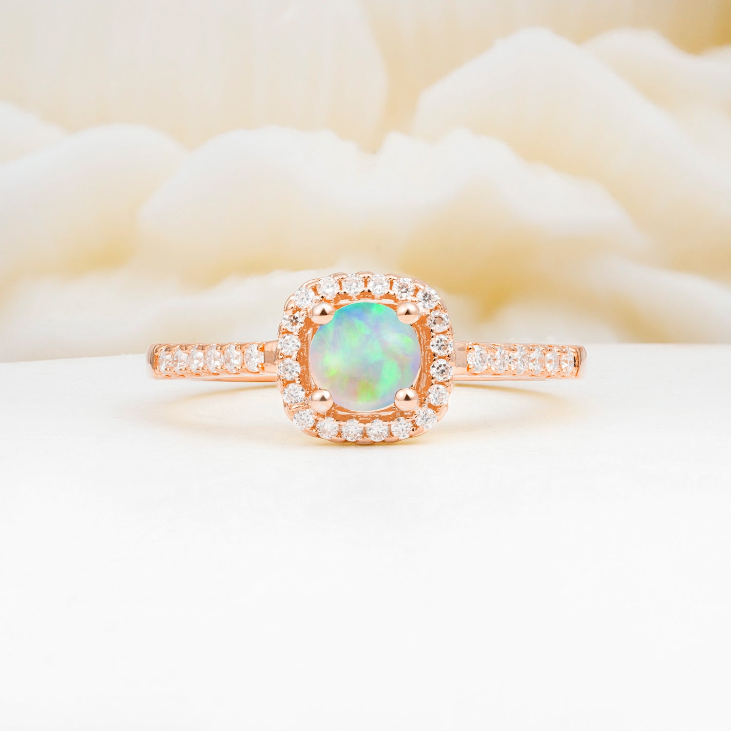 Halo Round Cut Pave Band Opal Engagement Ring