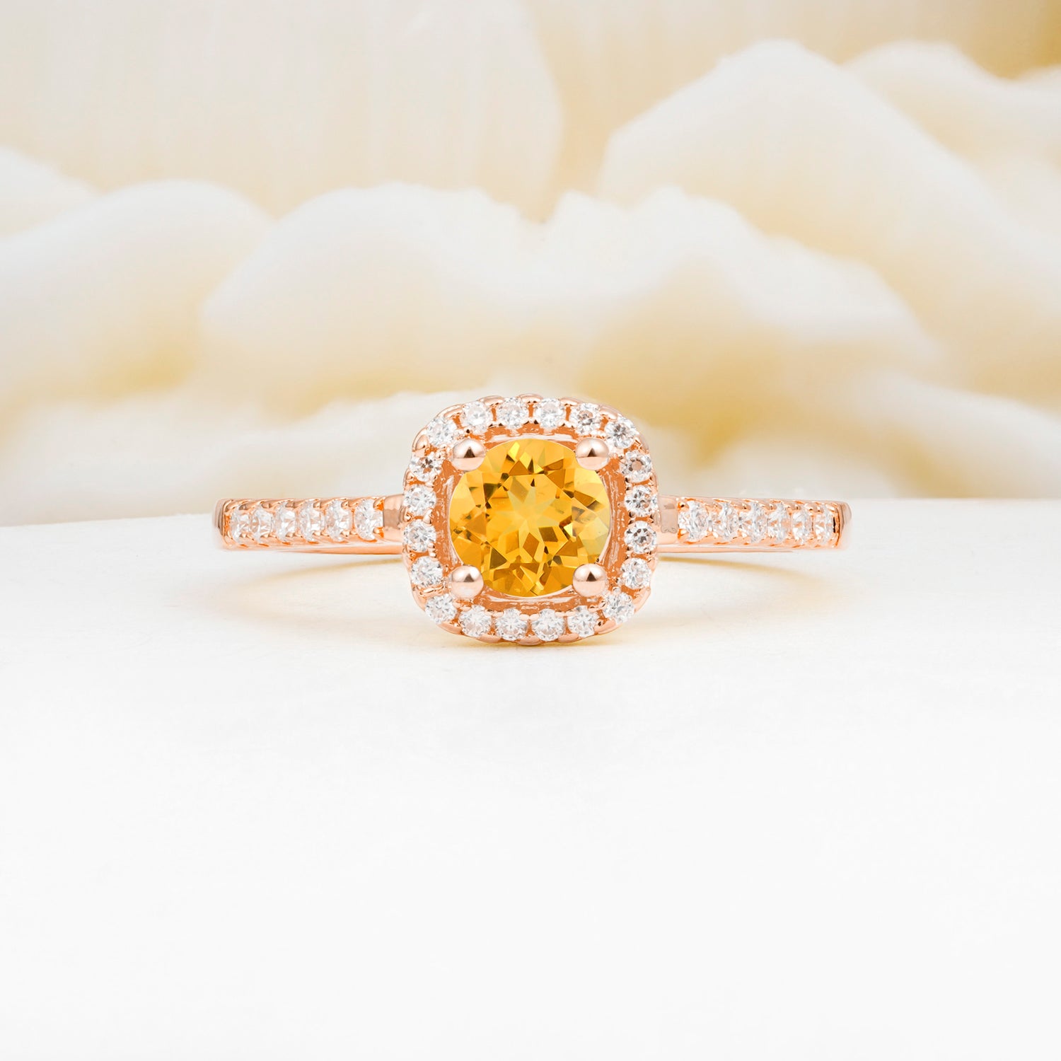 Halo Round Cut Pave Band Citrine Engagement Ring