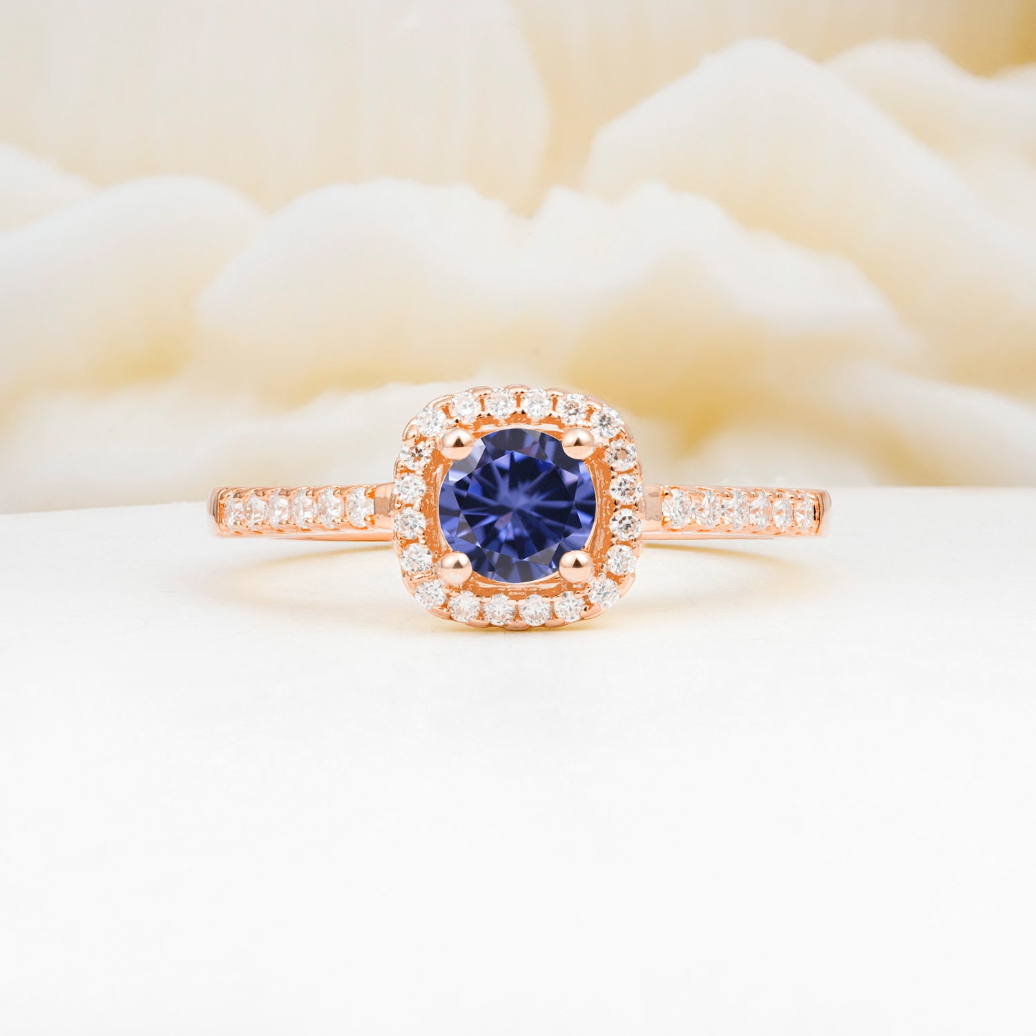 Halo Round Cut Pave Band Tanzanite Engagement Ring