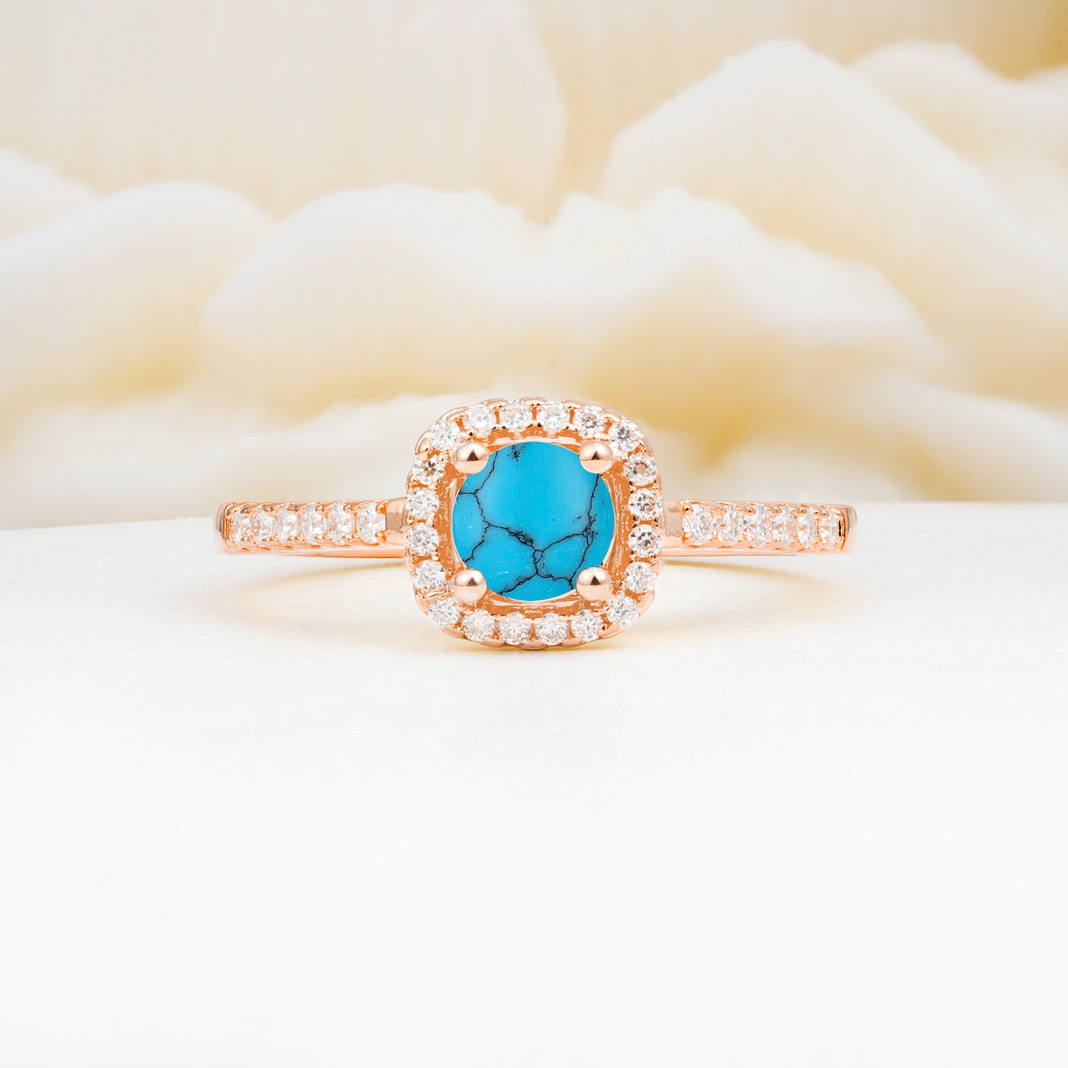 Halo Round Cut Pave Band Turquoise Engagement Ring