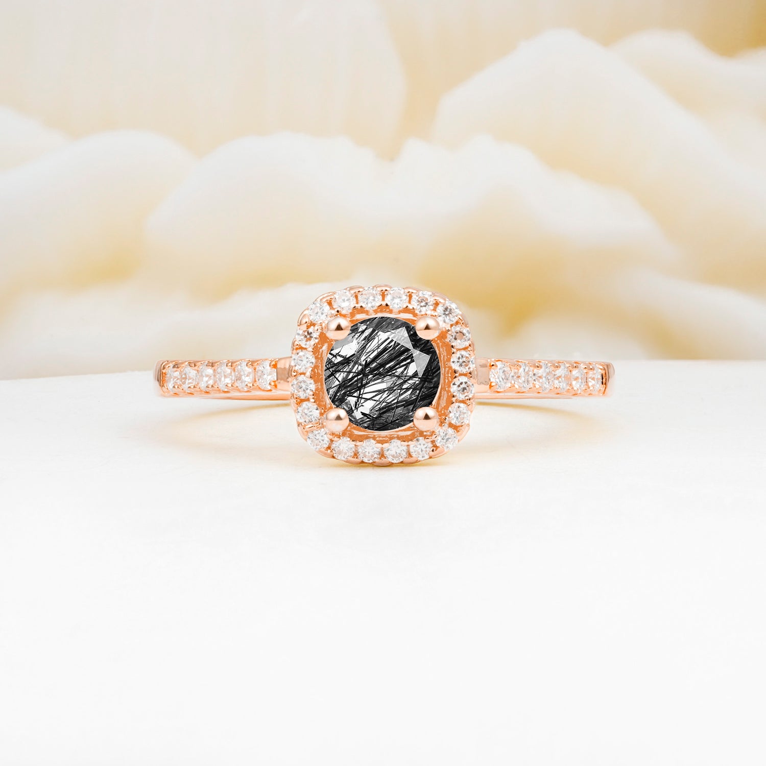 Halo Round Cut Pave Band Black Rutilated Quartz Engagement Ring