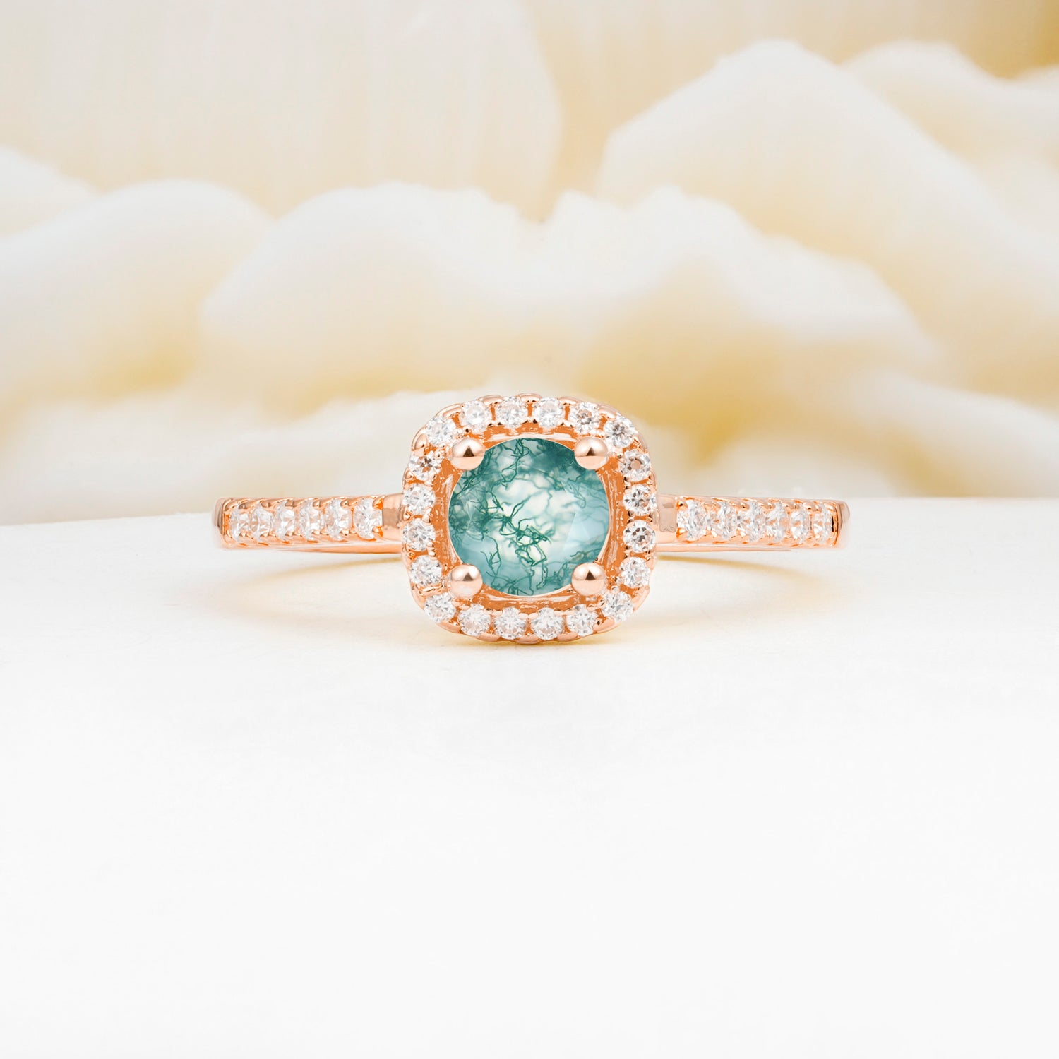 Halo Round Cut Pave Band Moss Agate Engagement Ring