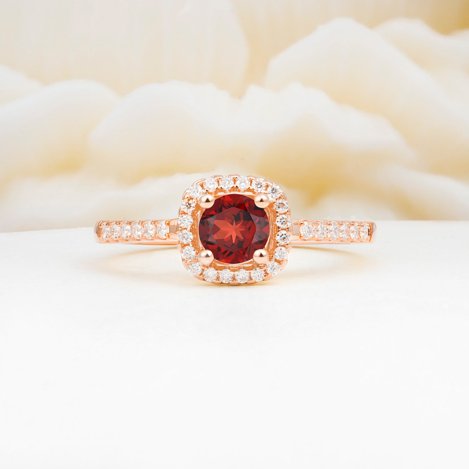 Halo Round Cut Pave Band Garnet Engagement Ring