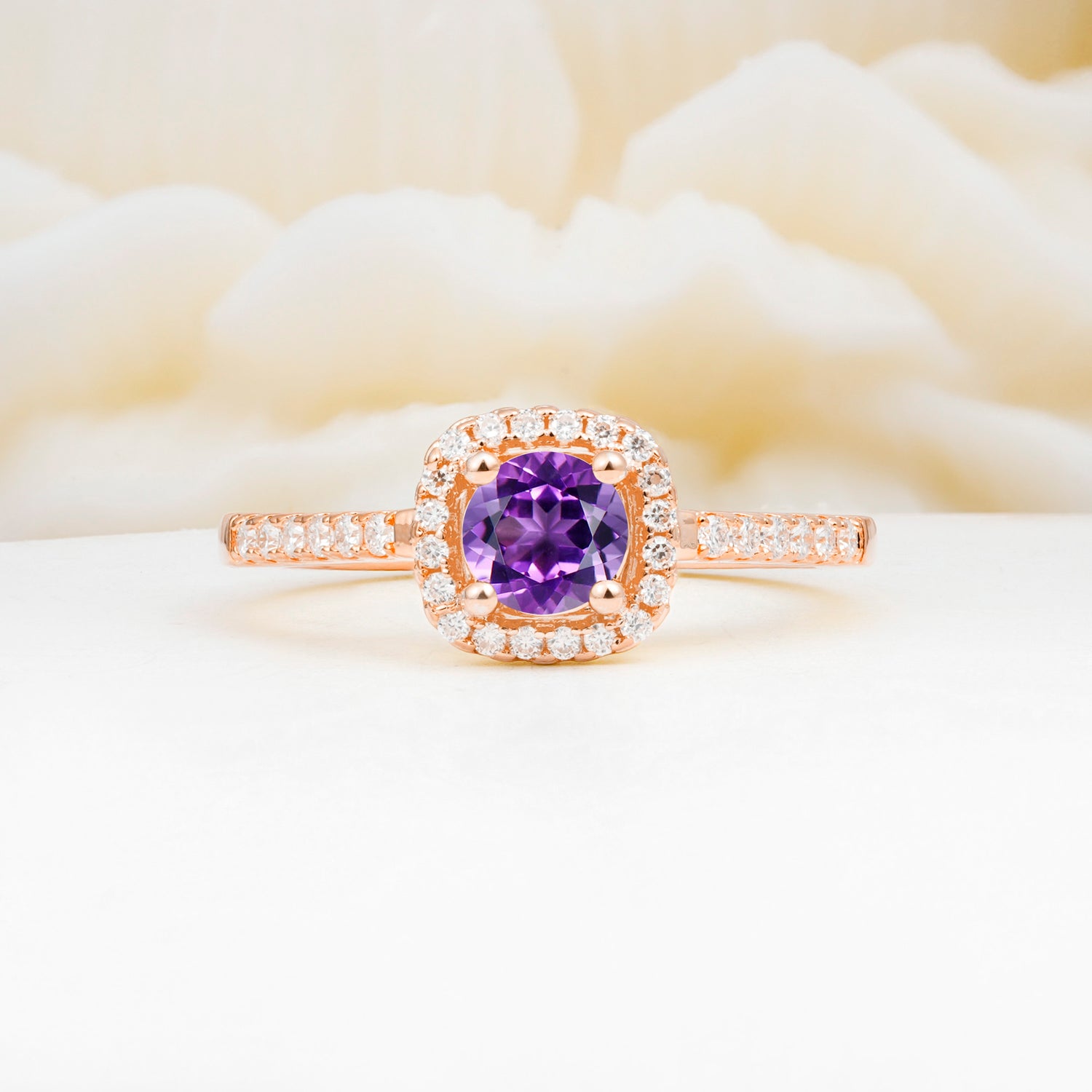 Halo Round Cut Pave Band Amethyst Engagement Ring