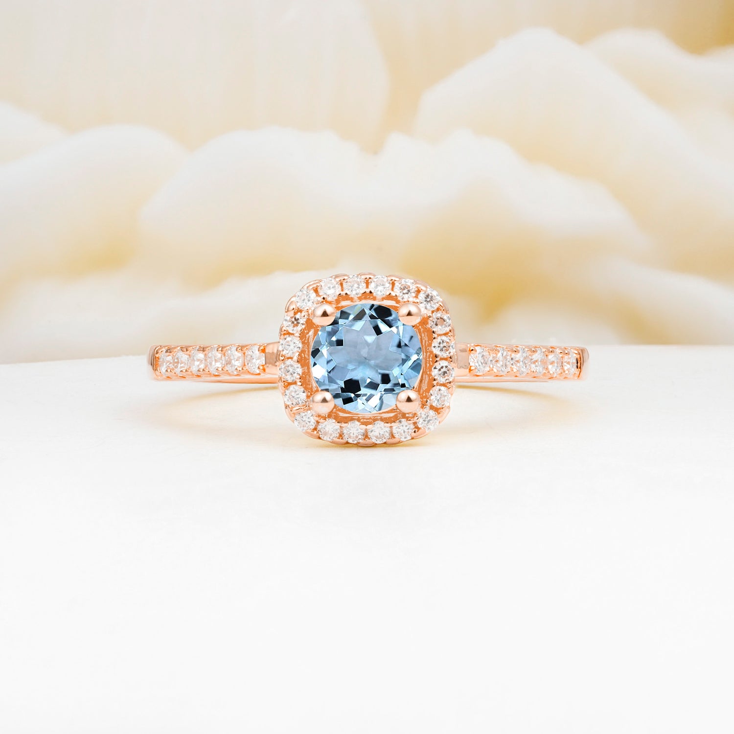 Halo Round Cut Pave Band Aquamarine Engagement Ring