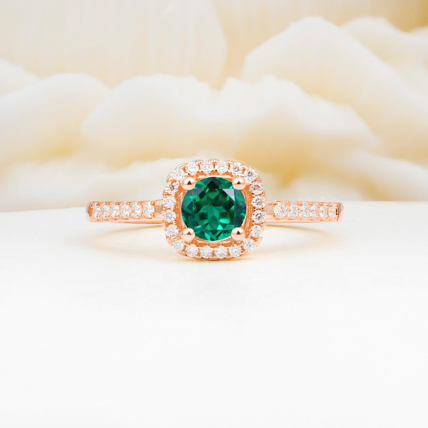 Halo Round Cut Pave Band Emerald Engagement Ring