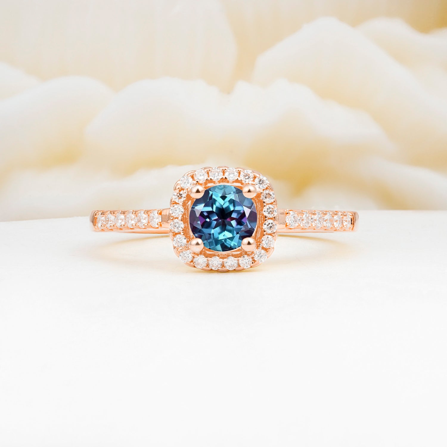 Halo Round Cut Pave Band Alexandrite Engagement Ring