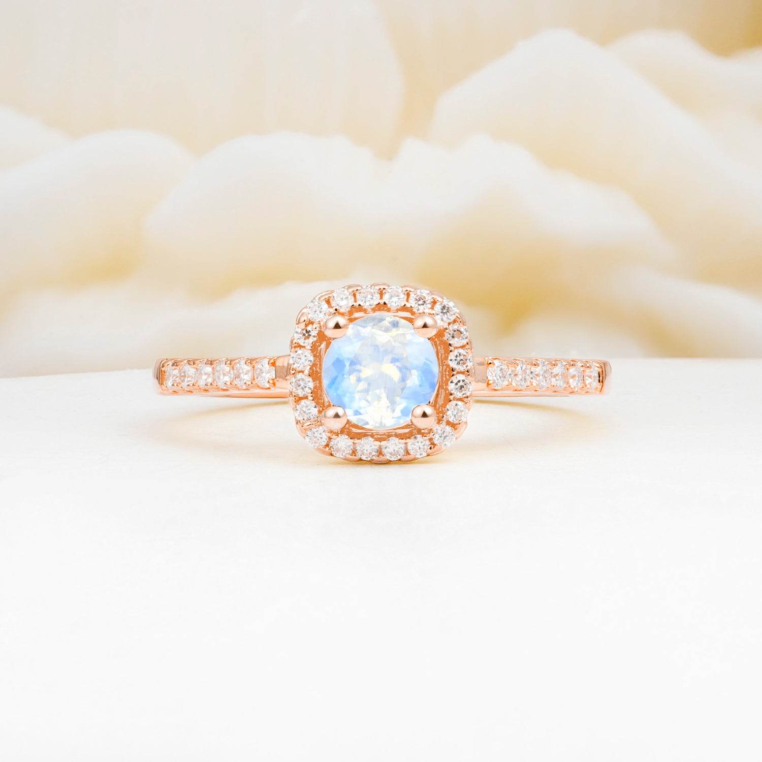Halo Round Cut Pave Band Moonstone Engagement Ring