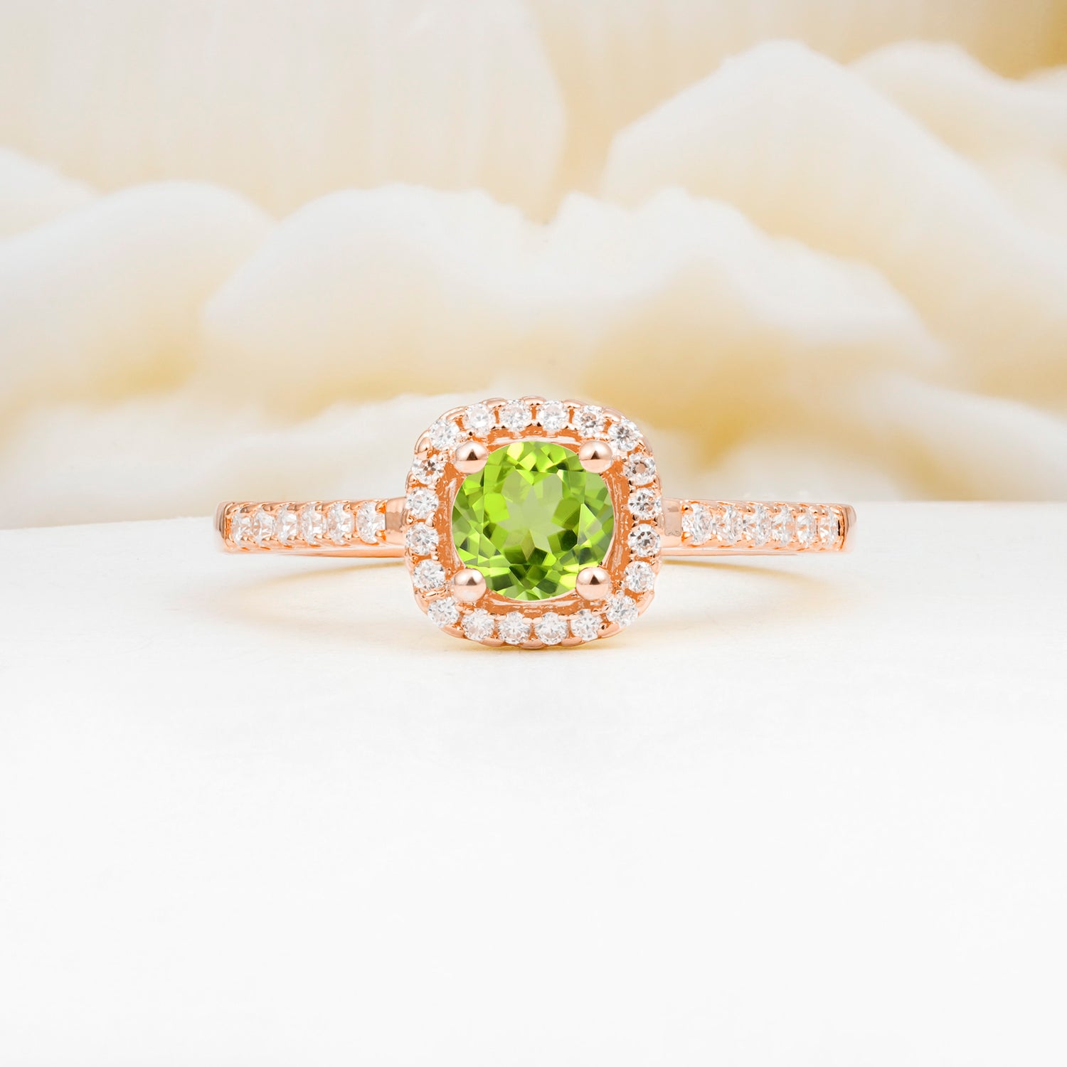 Halo Round Cut Pave Band Peridot Engagement Ring