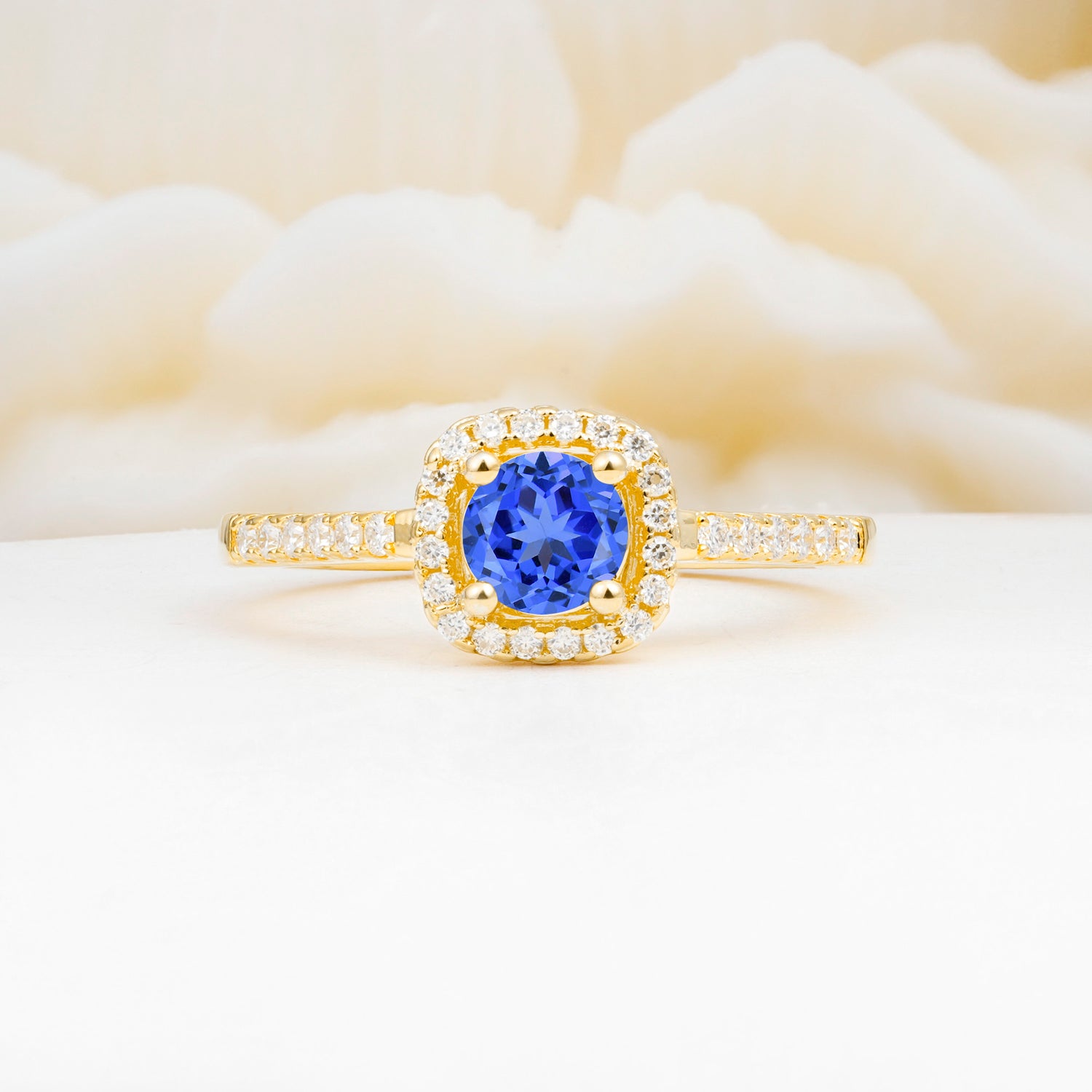 Halo Round Cut Pave Band Sapphire Engagement Ring