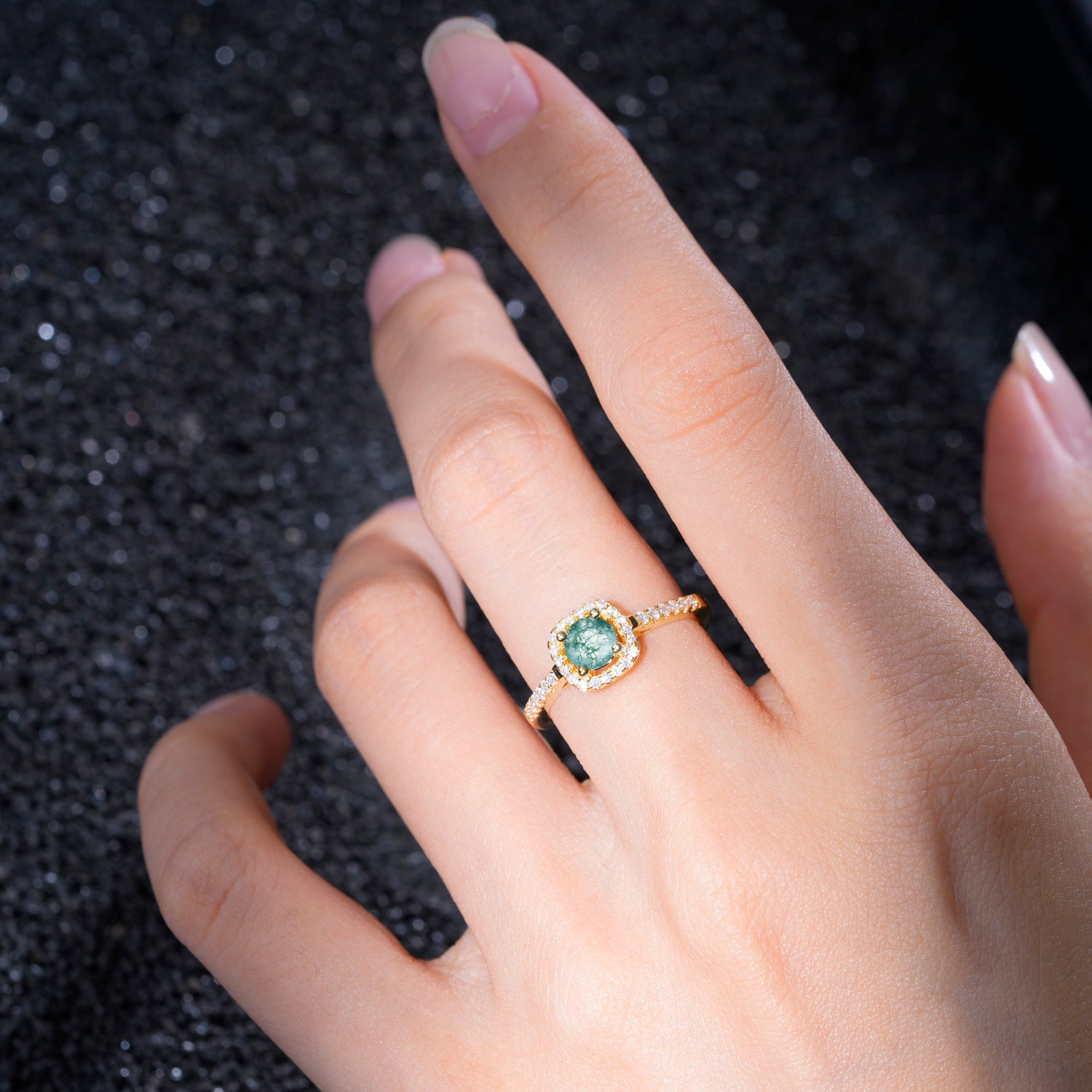 Halo Round Cut Pave Band Moss Agate Engagement Ring