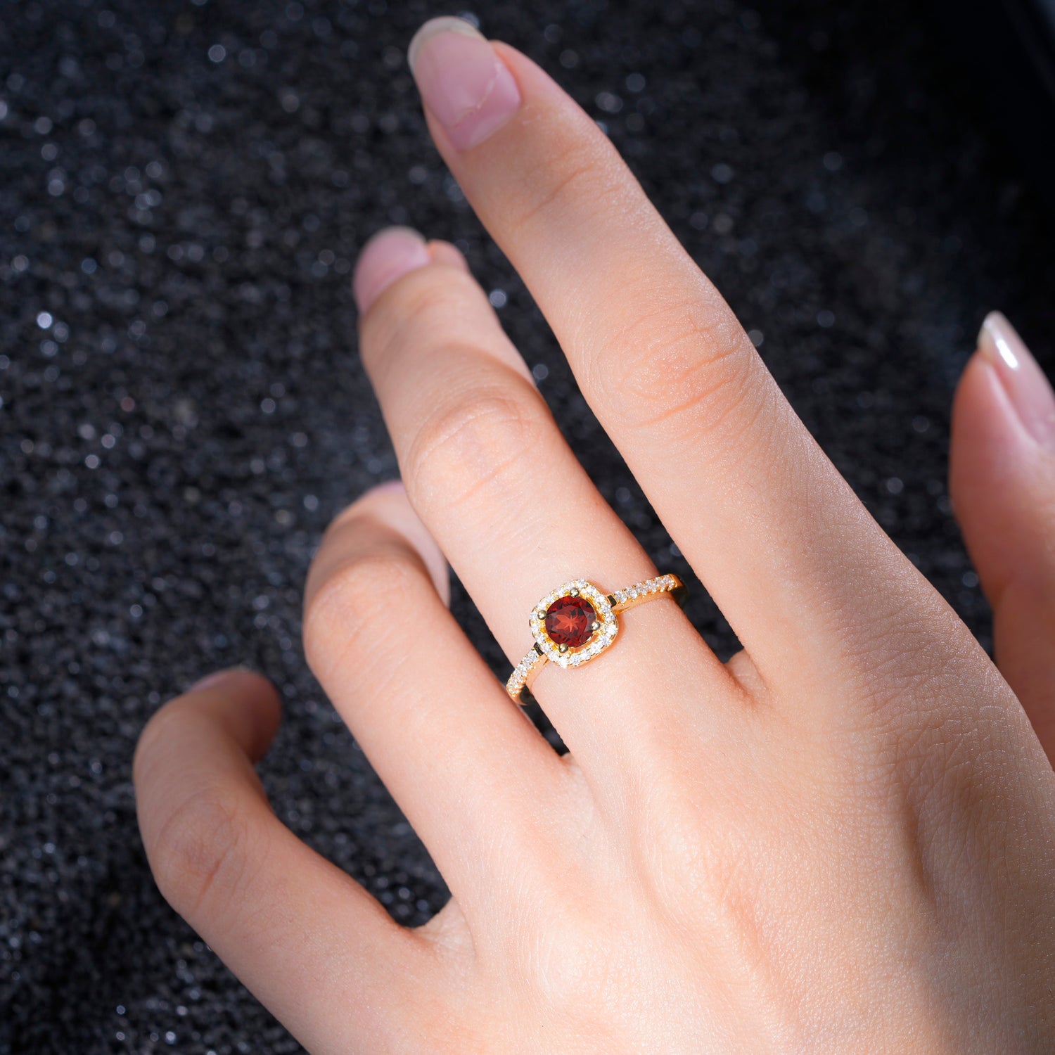 Halo Round Cut Pave Band Garnet Engagement Ring