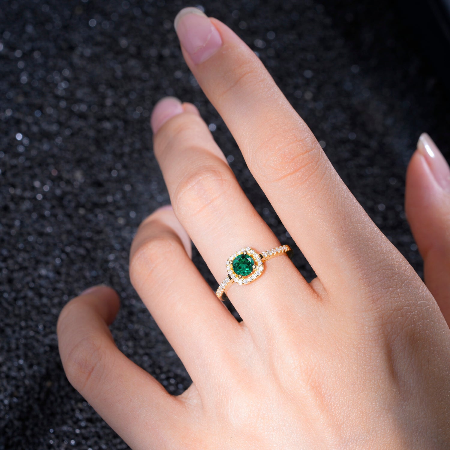 Halo Round Cut Pave Band Emerald Engagement Ring