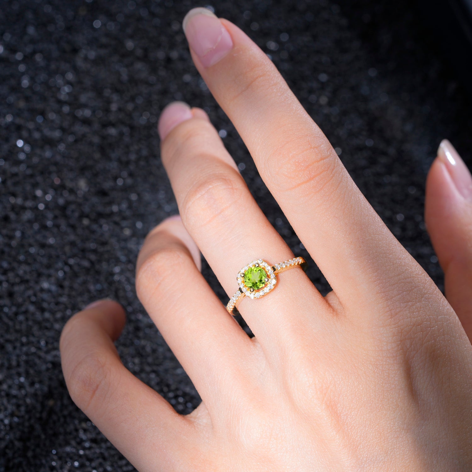 Halo Round Cut Pave Band Peridot Engagement Ring