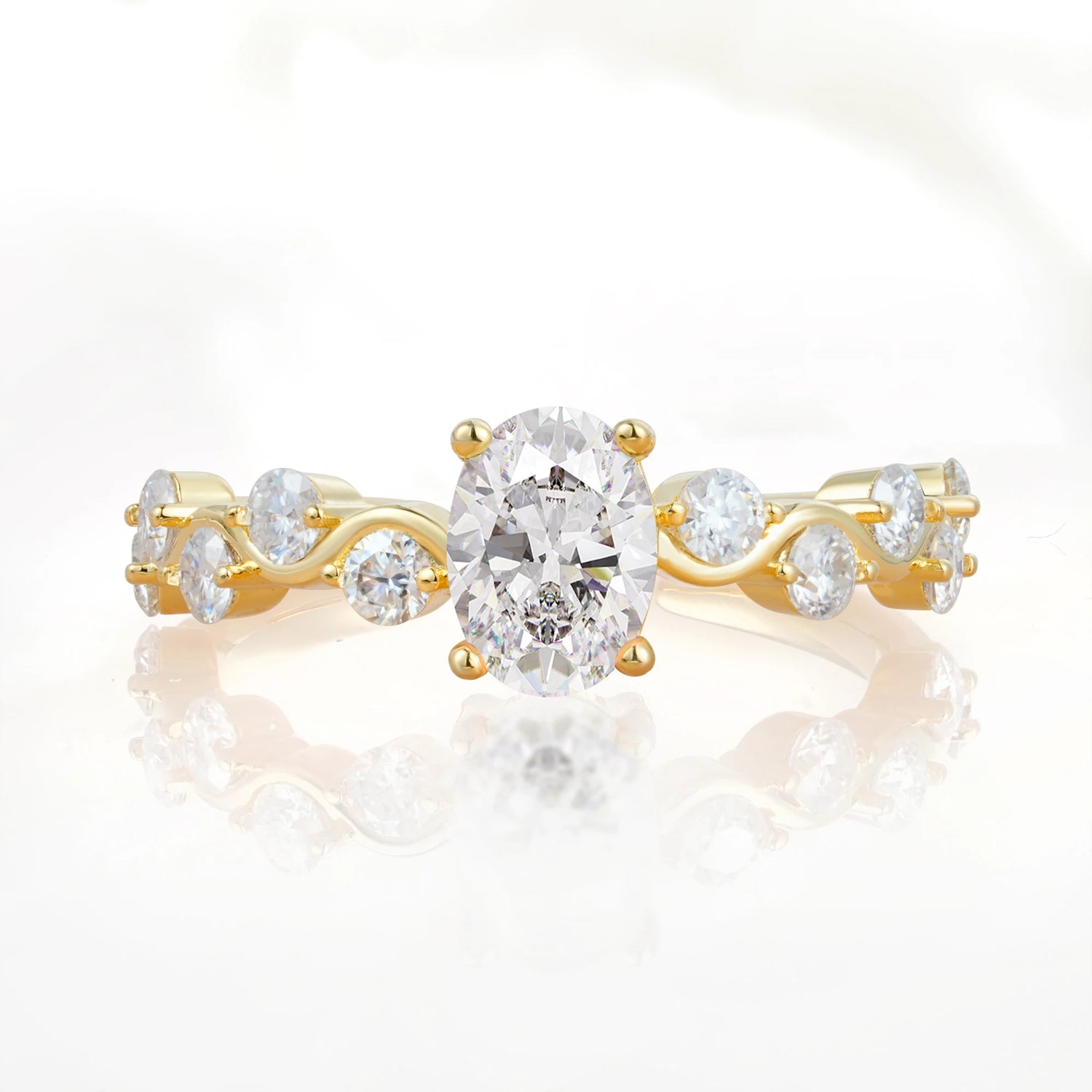 Unique Oval Moissanite Ring with Pave Set Stones