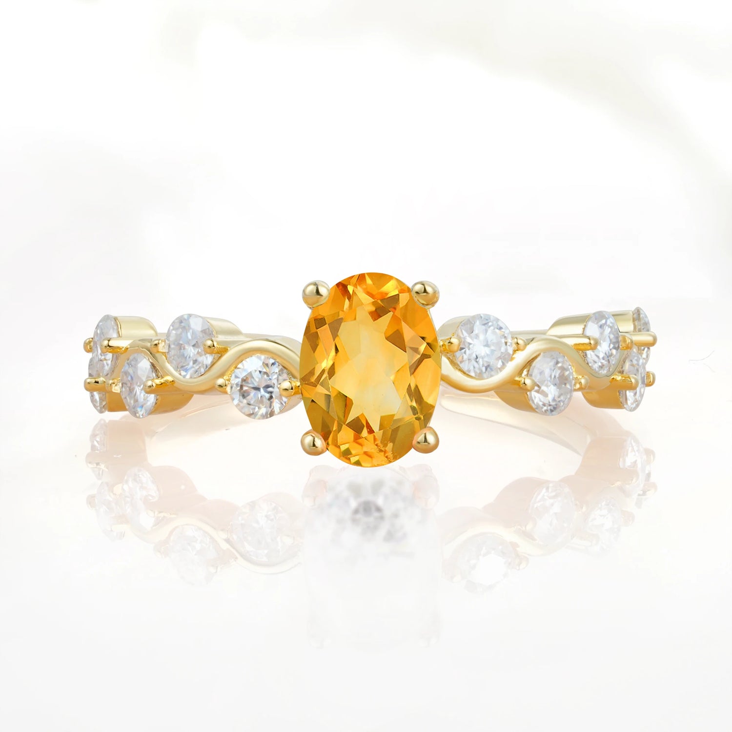 Unique Oval Citrine Ring with Pave Set Stones