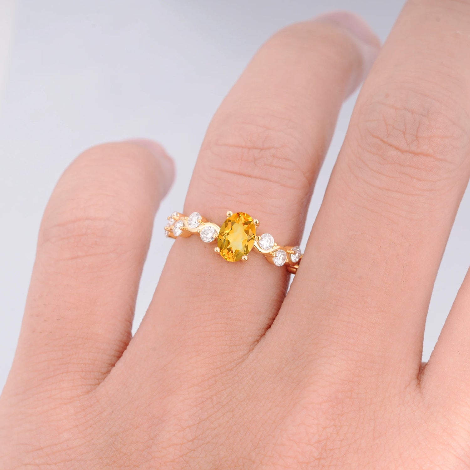Unique Oval Citrine Ring with Pave Set Stones