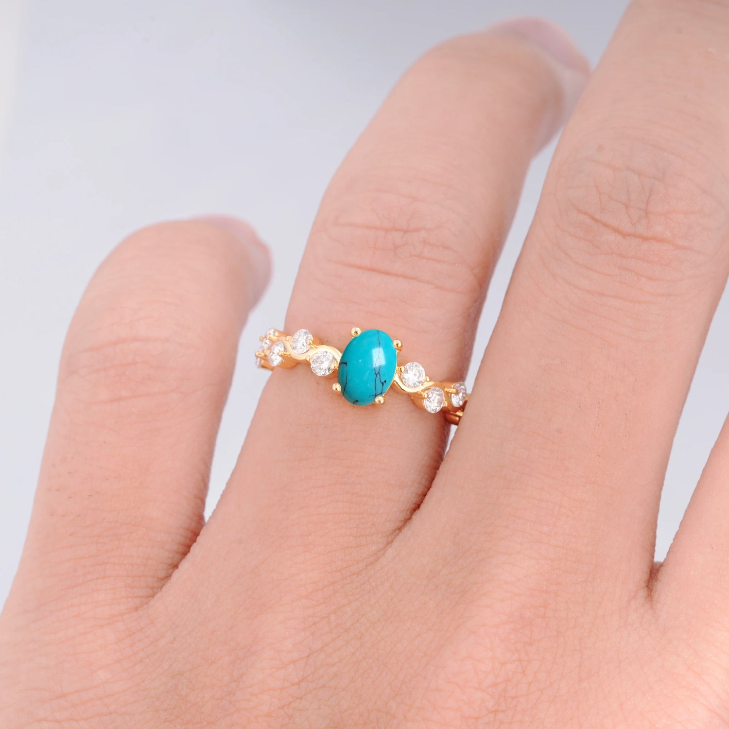 Unique Oval Turquoise Ring with Pave Set Stones