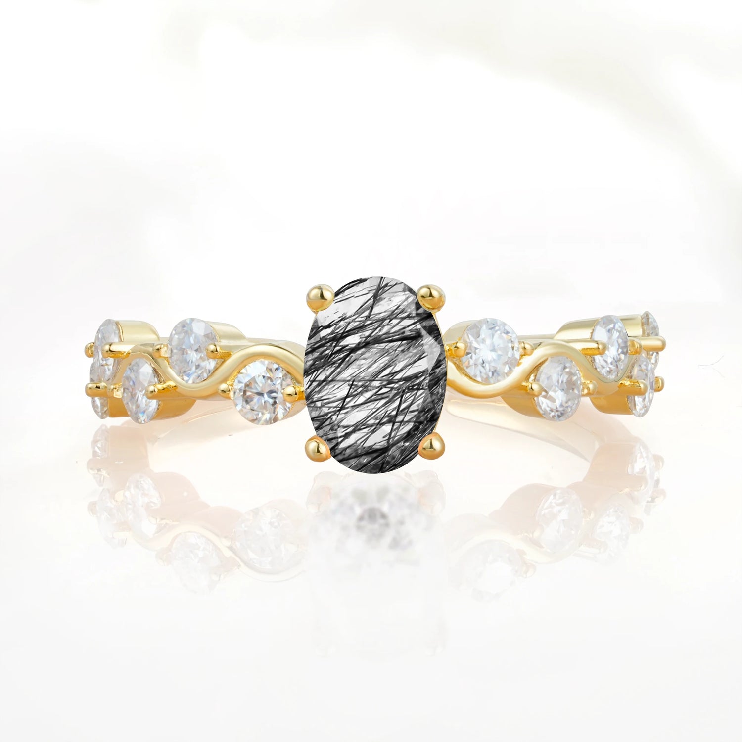 Unique Oval Black Rutilated Quartz Ring with Pave Set Stones