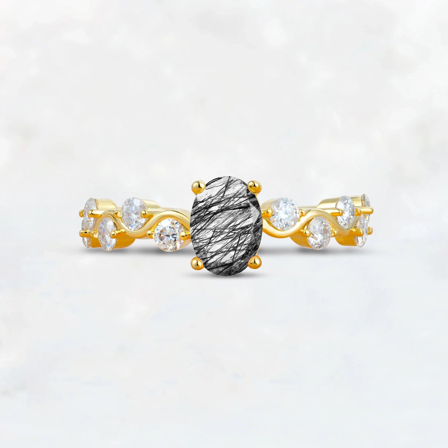 Unique Oval Black Rutilated Quartz Ring with Pave Set Stones