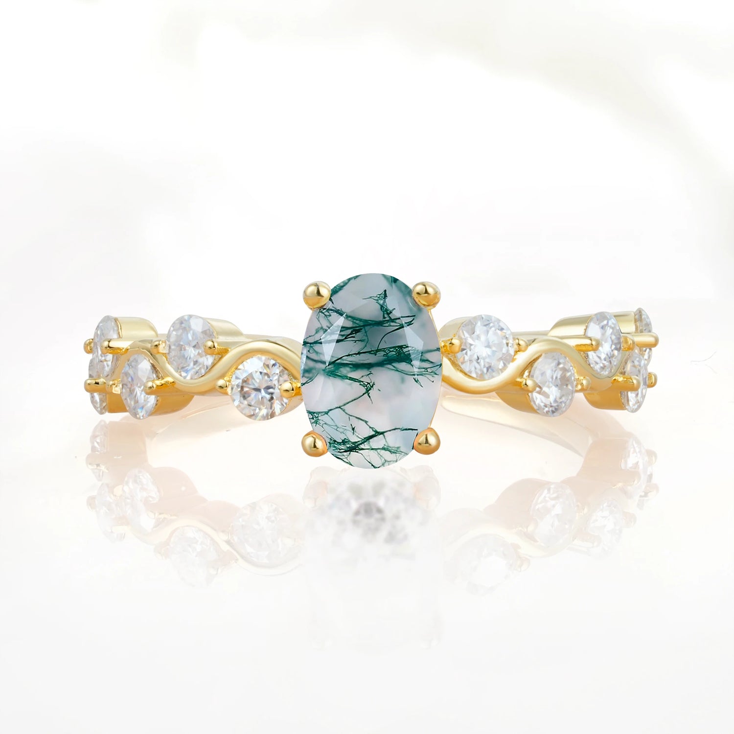 Unique Oval Moss Agate Ring with Pave Set Stones