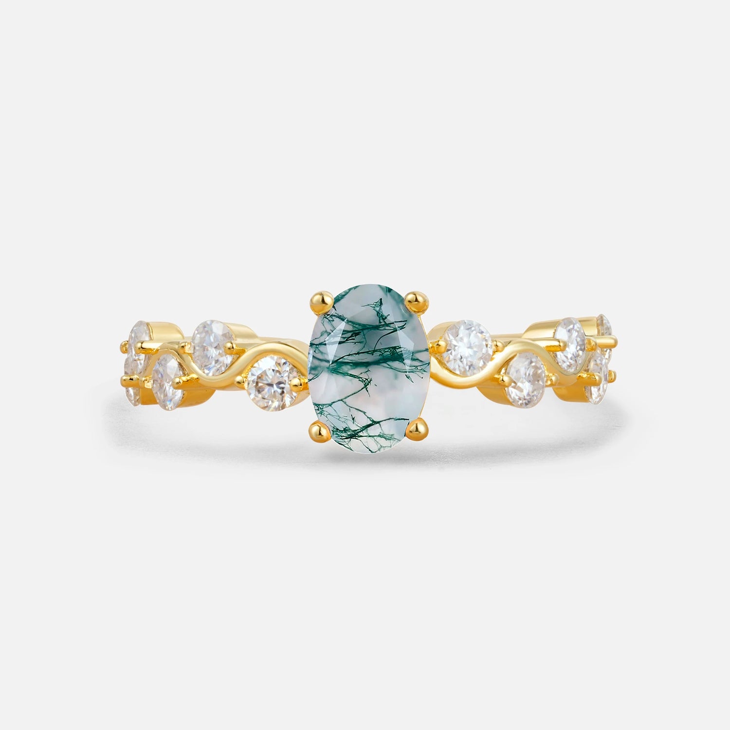 Unique Oval Moss Agate Ring with Pave Set Stones