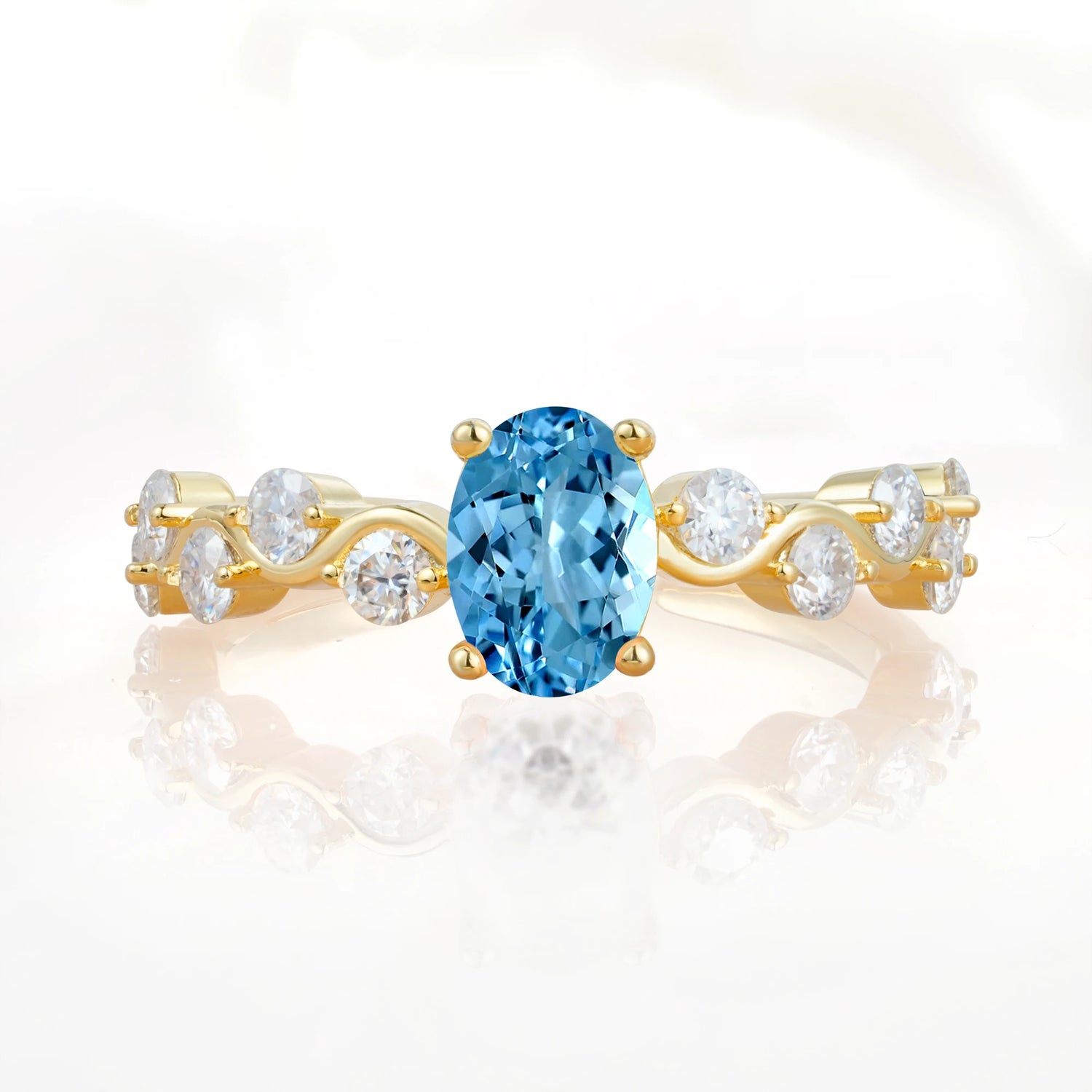 Unique Oval Aquamarine Ring with Pave Set Stones