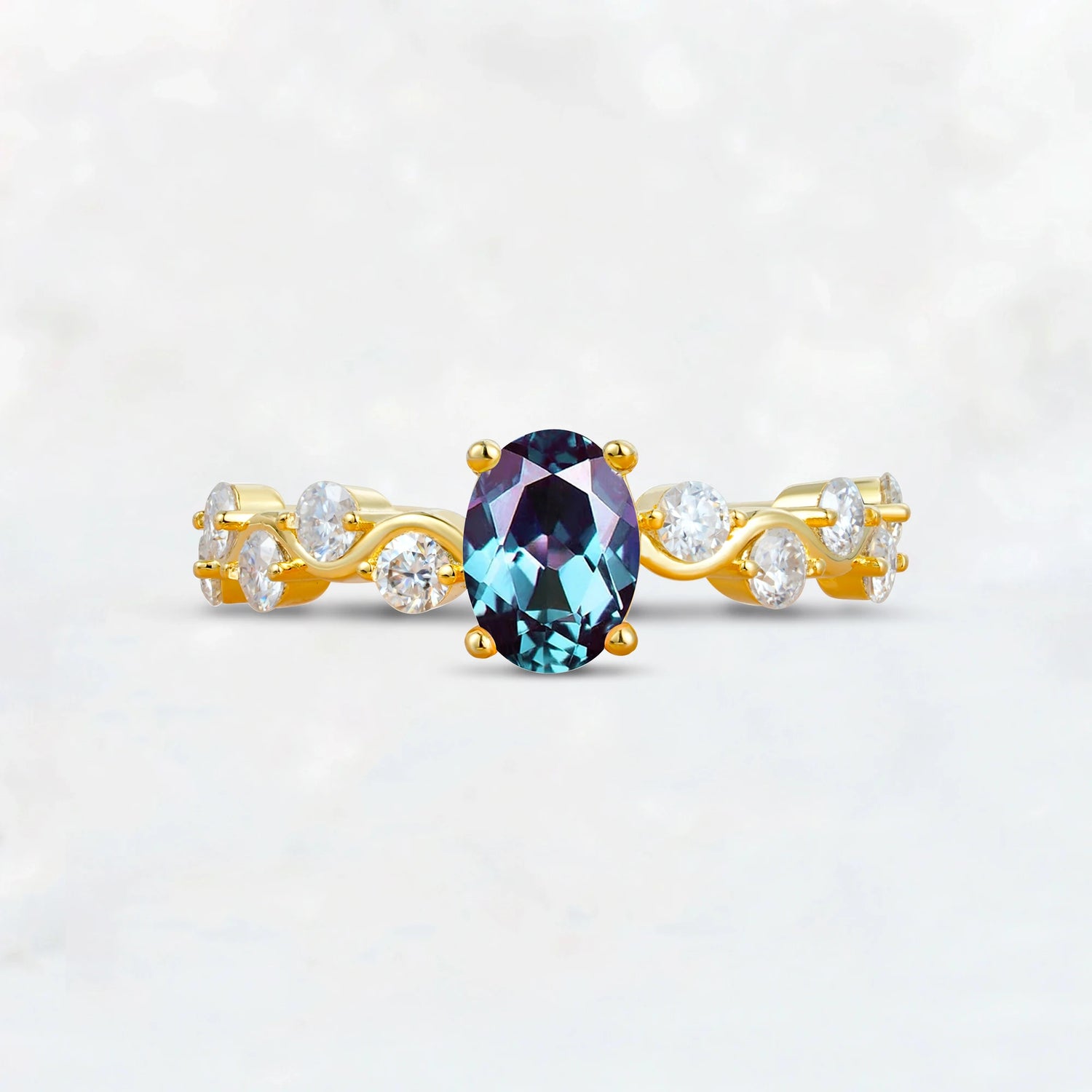 Unique Oval Alexandrite Ring with Pave Set Stones