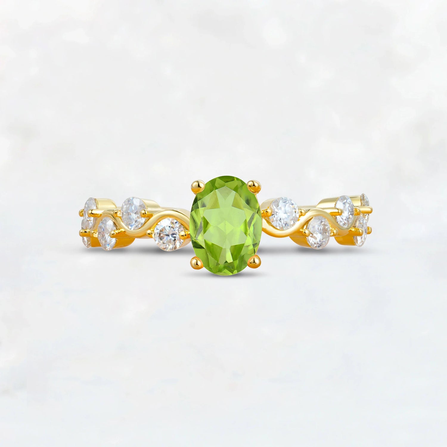 Unique Oval Peridot Ring with Pave Set Stones