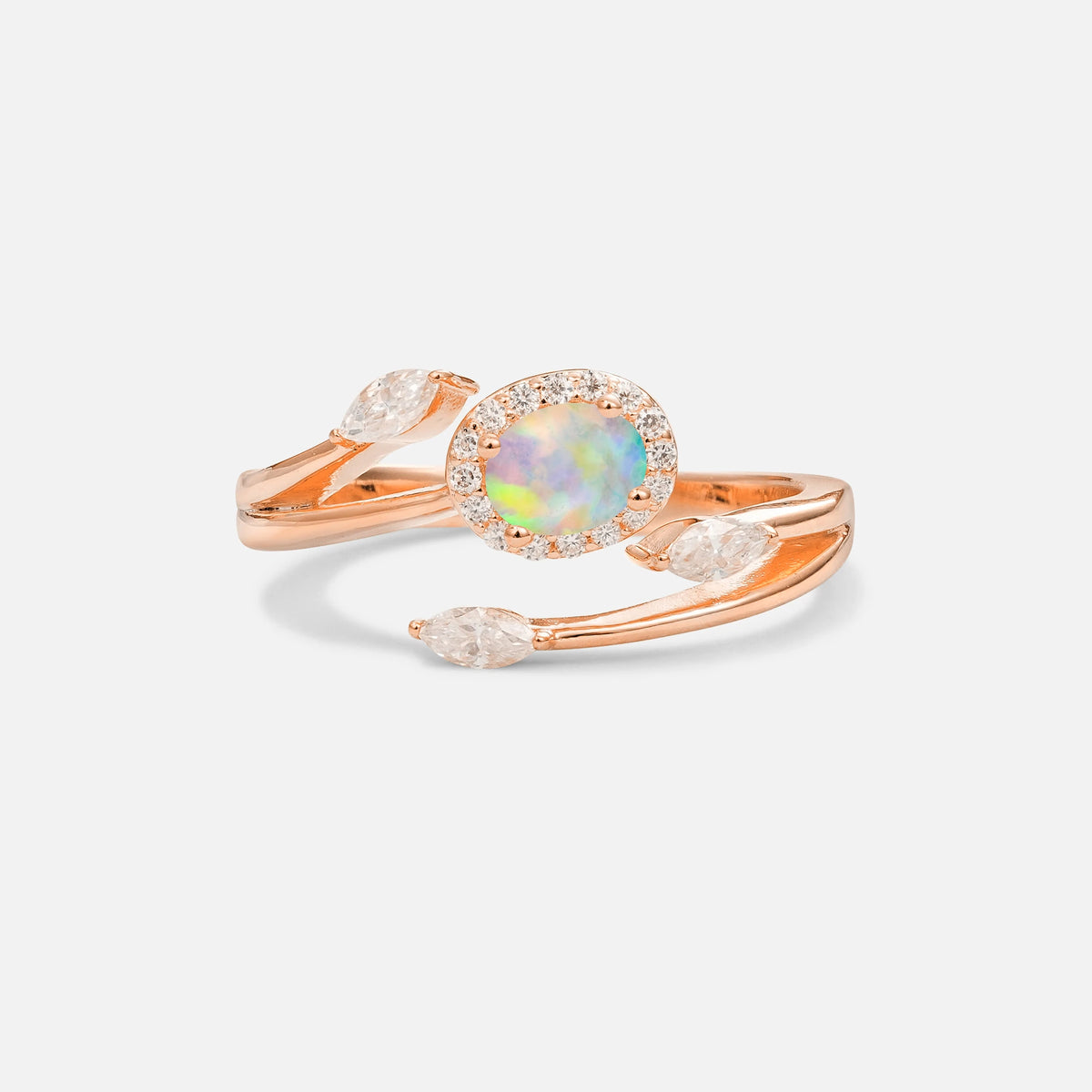 Oval Cut Fire Opal Engagement Ring with Halo and Marquise Side Stones - Additional view