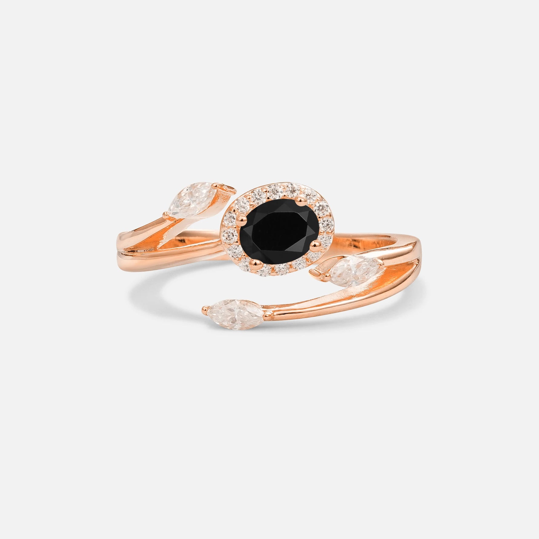Oval Cut Black Onyx Engagement Ring with Halo and Marquise Side Stones - Additional view