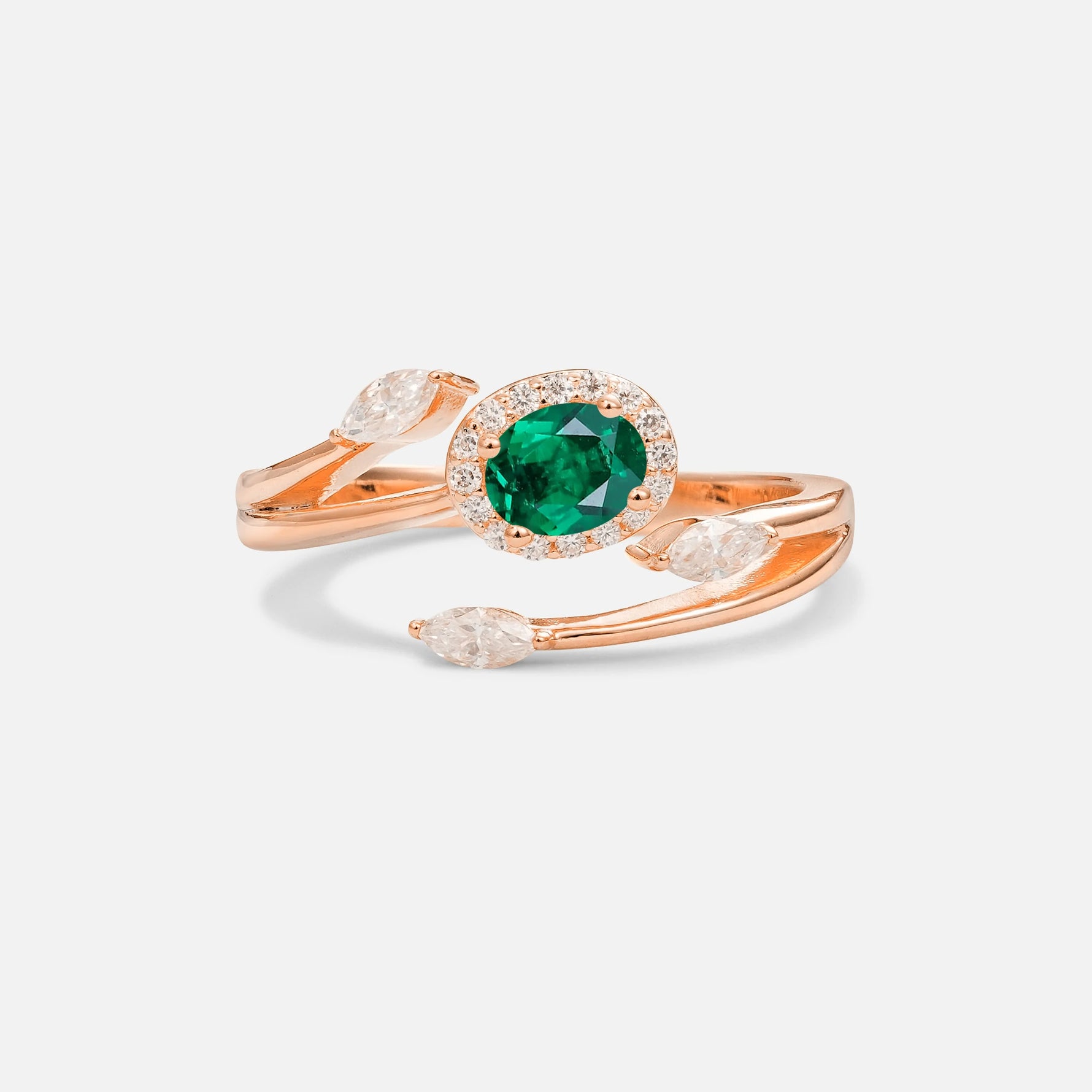 Oval Cut Emerald Engagement Ring with Halo and Marquise Side Stones - Additional view