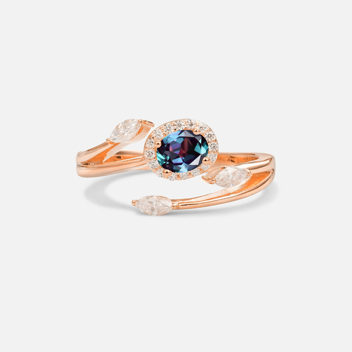 Oval Cut Alexandrite Engagement Ring with Halo and Marquise Side Stones - Additional view