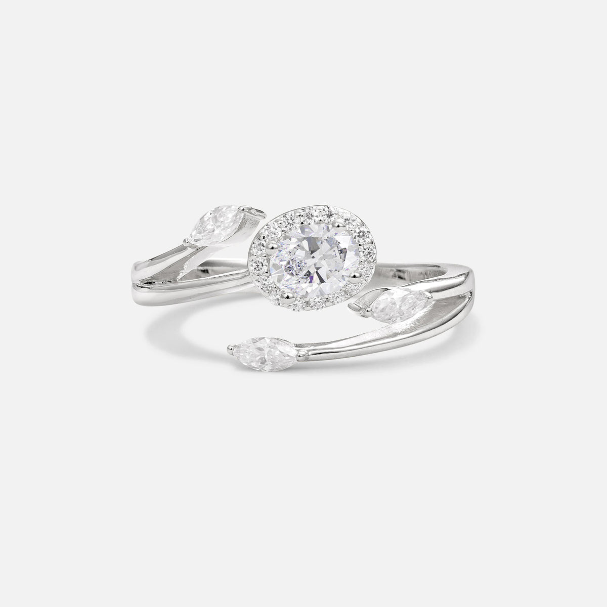 Oval Cut Moissanite Engagement Ring with Halo and Marquise Side Stones - Additional view