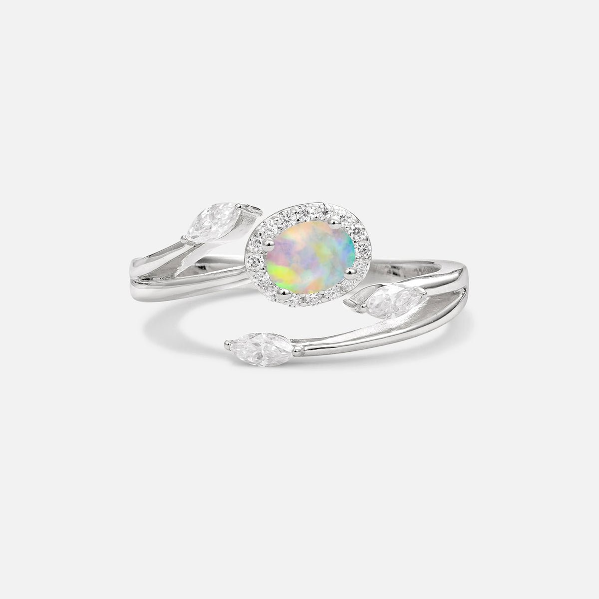 Oval Cut Fire Opal Engagement Ring with Halo and Marquise Side Stones - Additional view