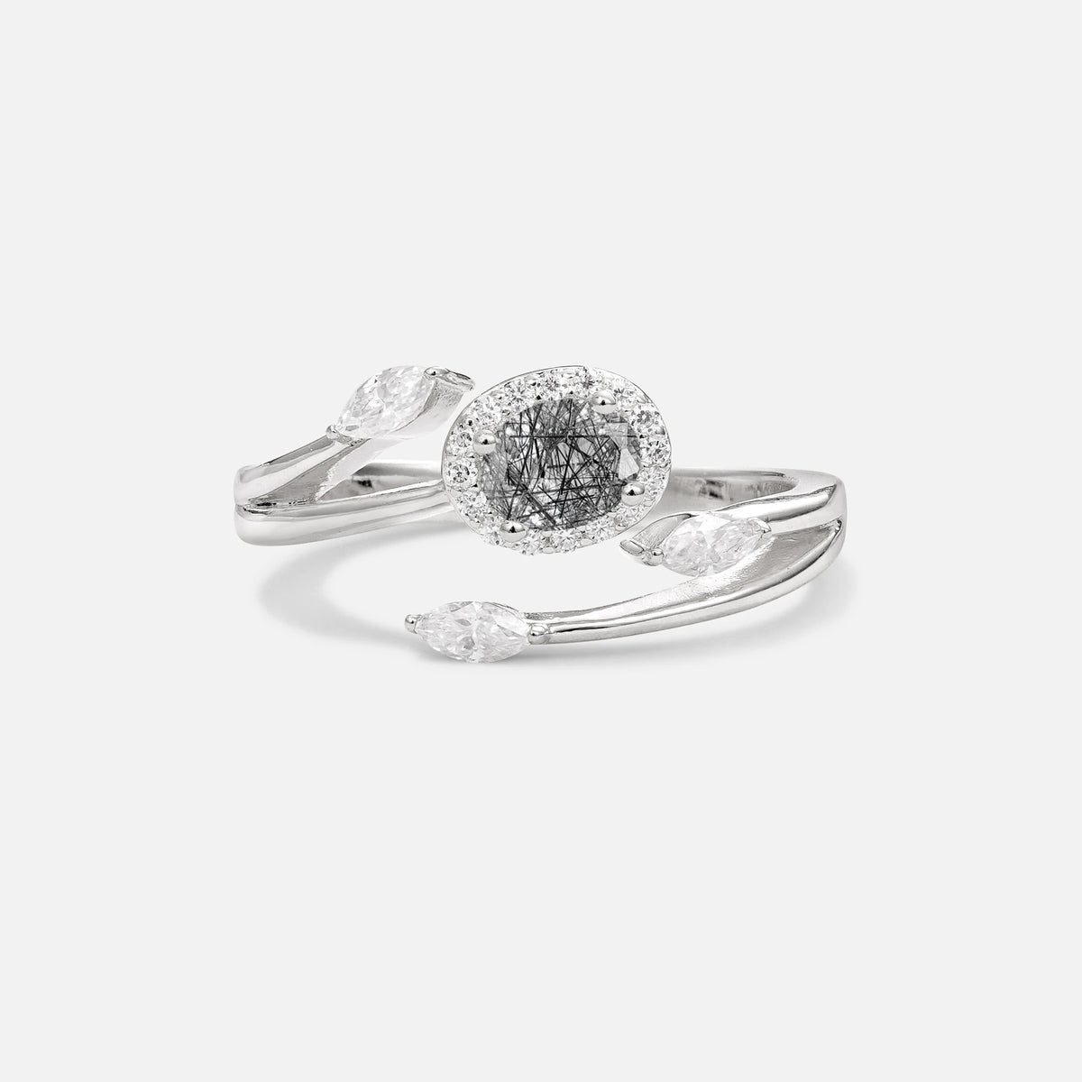 Oval Cut Black Rutilated Quartz Engagement Ring with Halo and Marquise Side Stones - Additional view