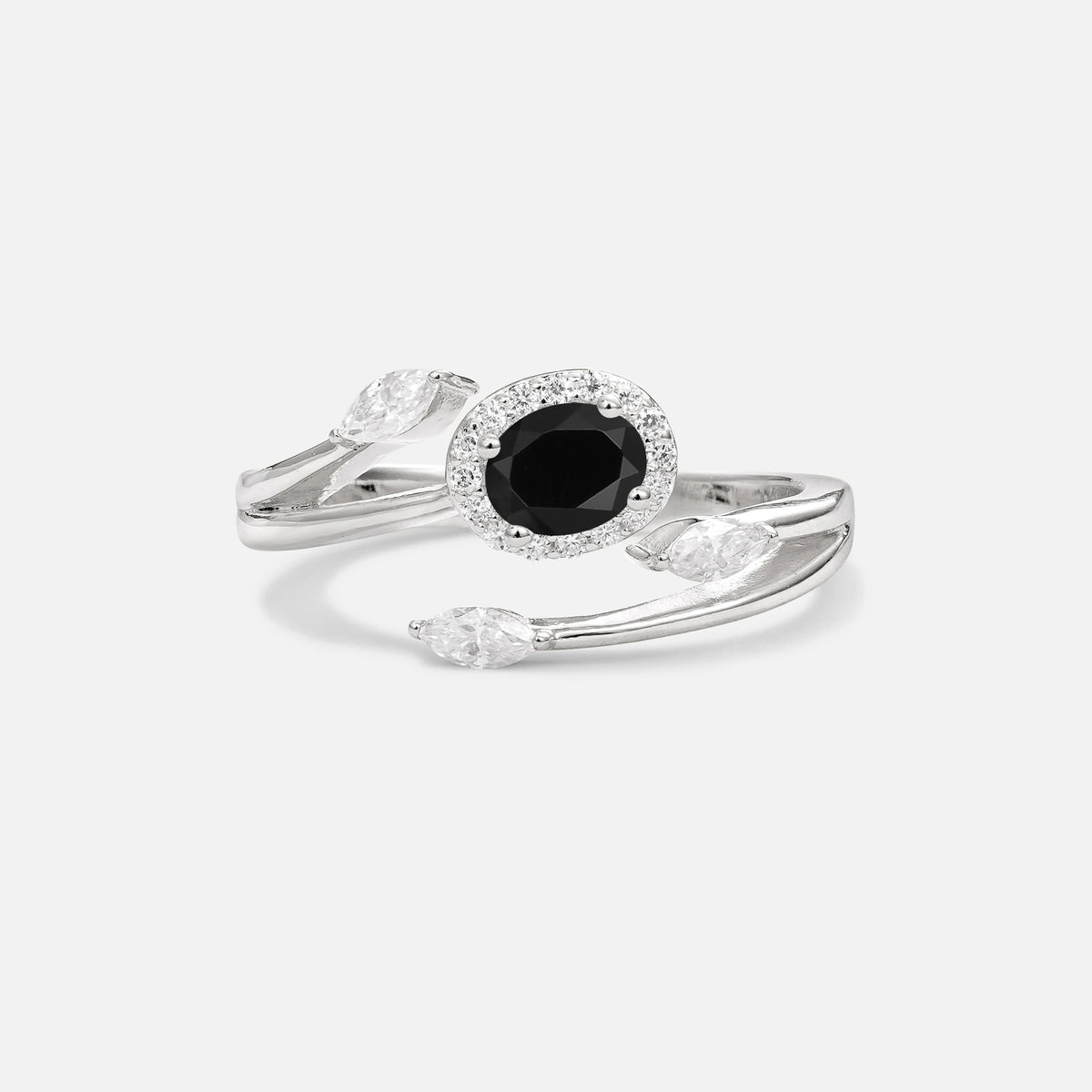Oval Cut Black Onyx Engagement Ring with Halo and Marquise Side Stones - Additional view