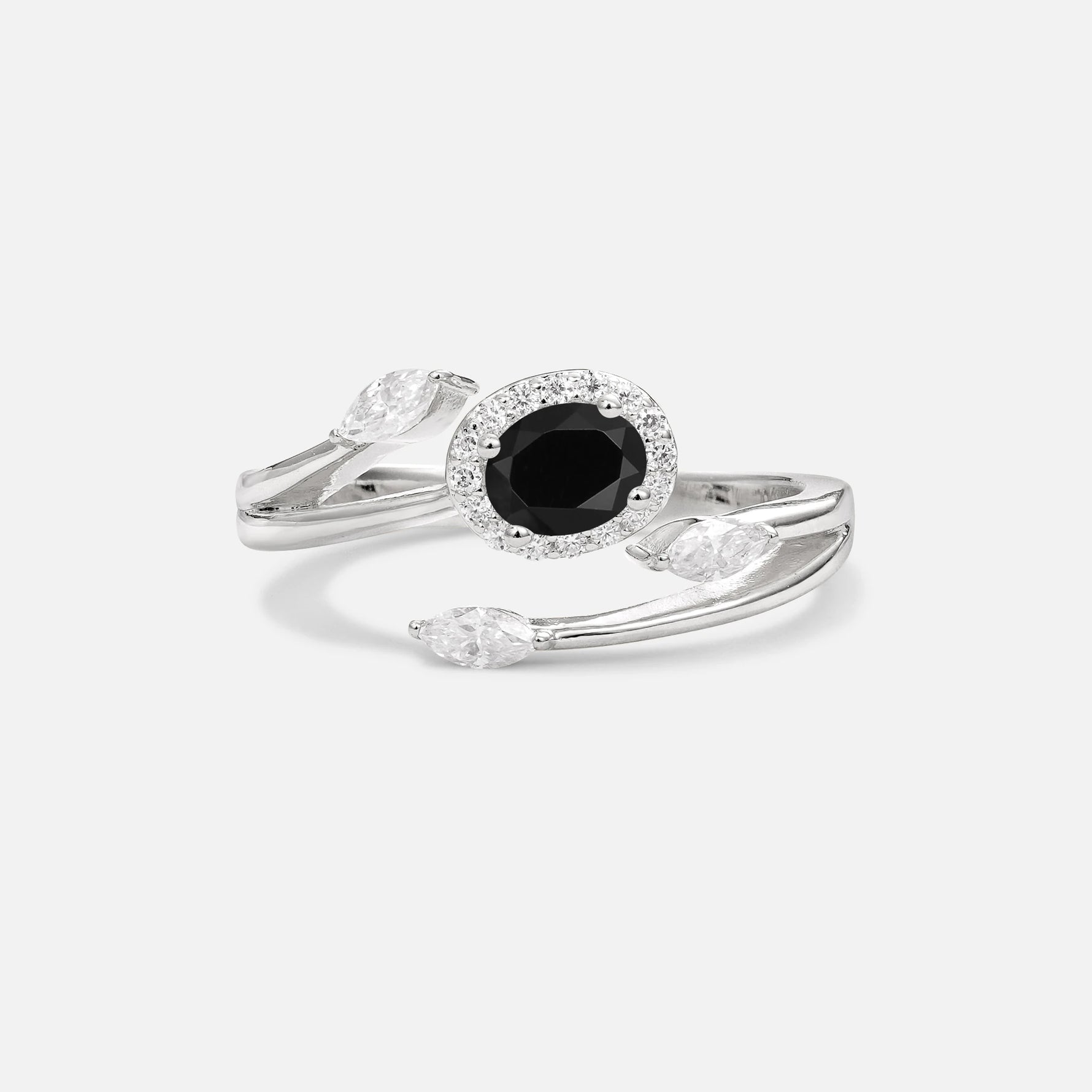 Oval Cut Black Onyx Engagement Ring with Halo and Marquise Side Stones - Additional view