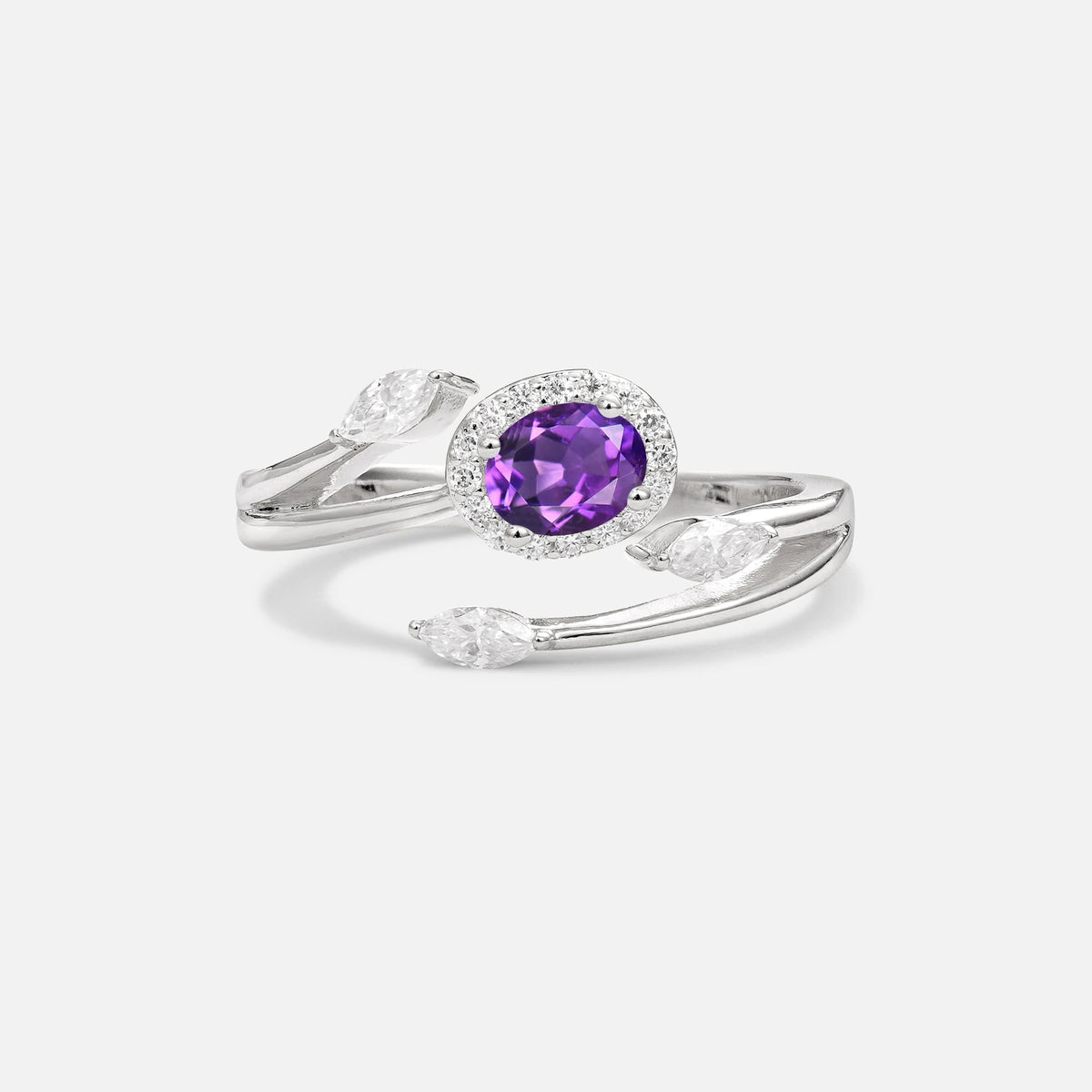 Oval Cut Amethyst Engagement Ring with Halo and Marquise Side Stones - Additional view